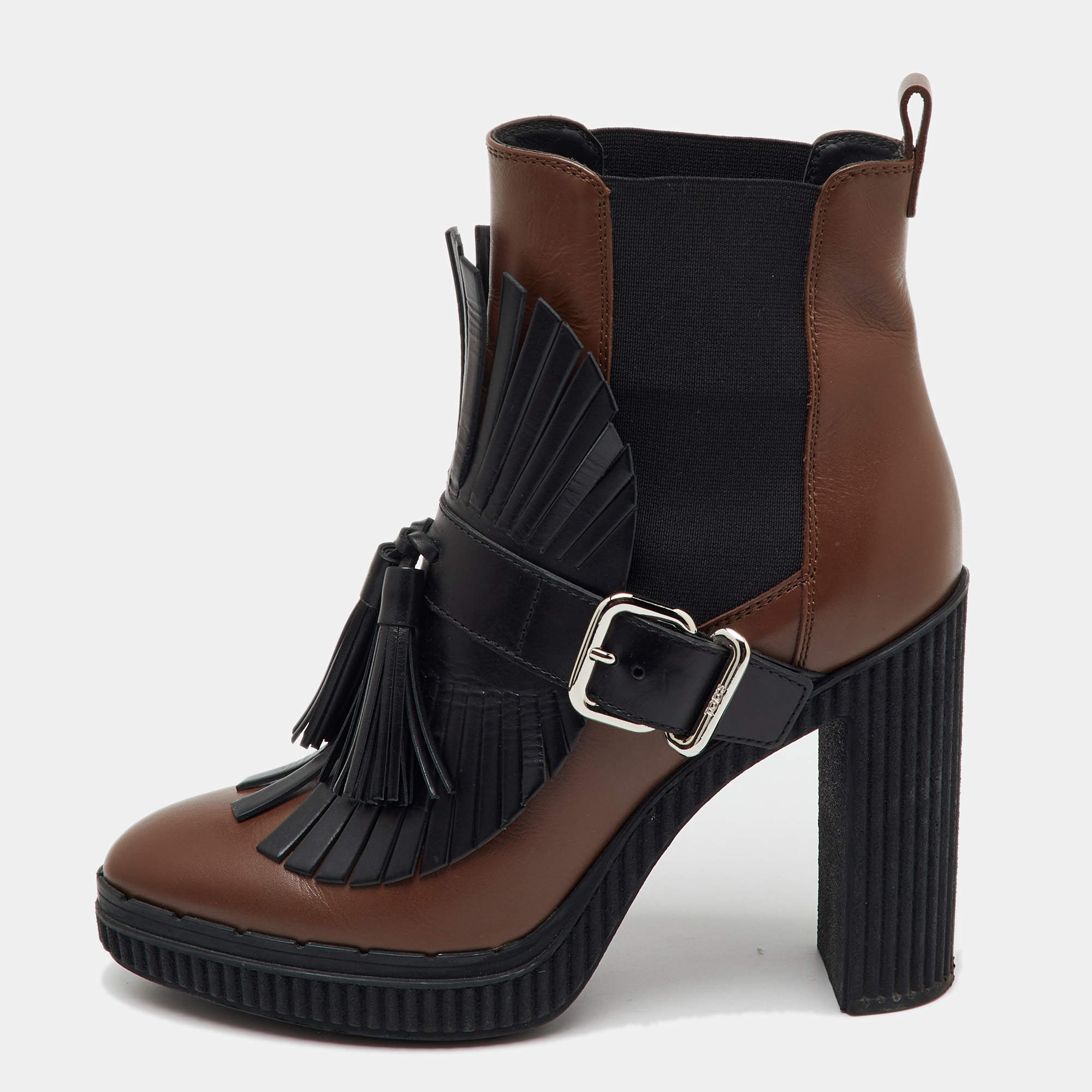 Tod's Brown/Black Leather Tassel Ankle Length Boots Size 37