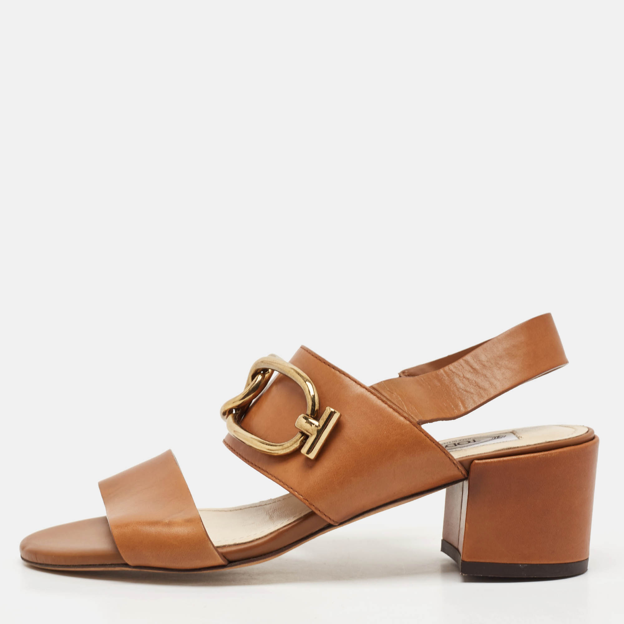 Pre Owned Tod's Brown Leather Slingback Block Heel Sandals Size 37