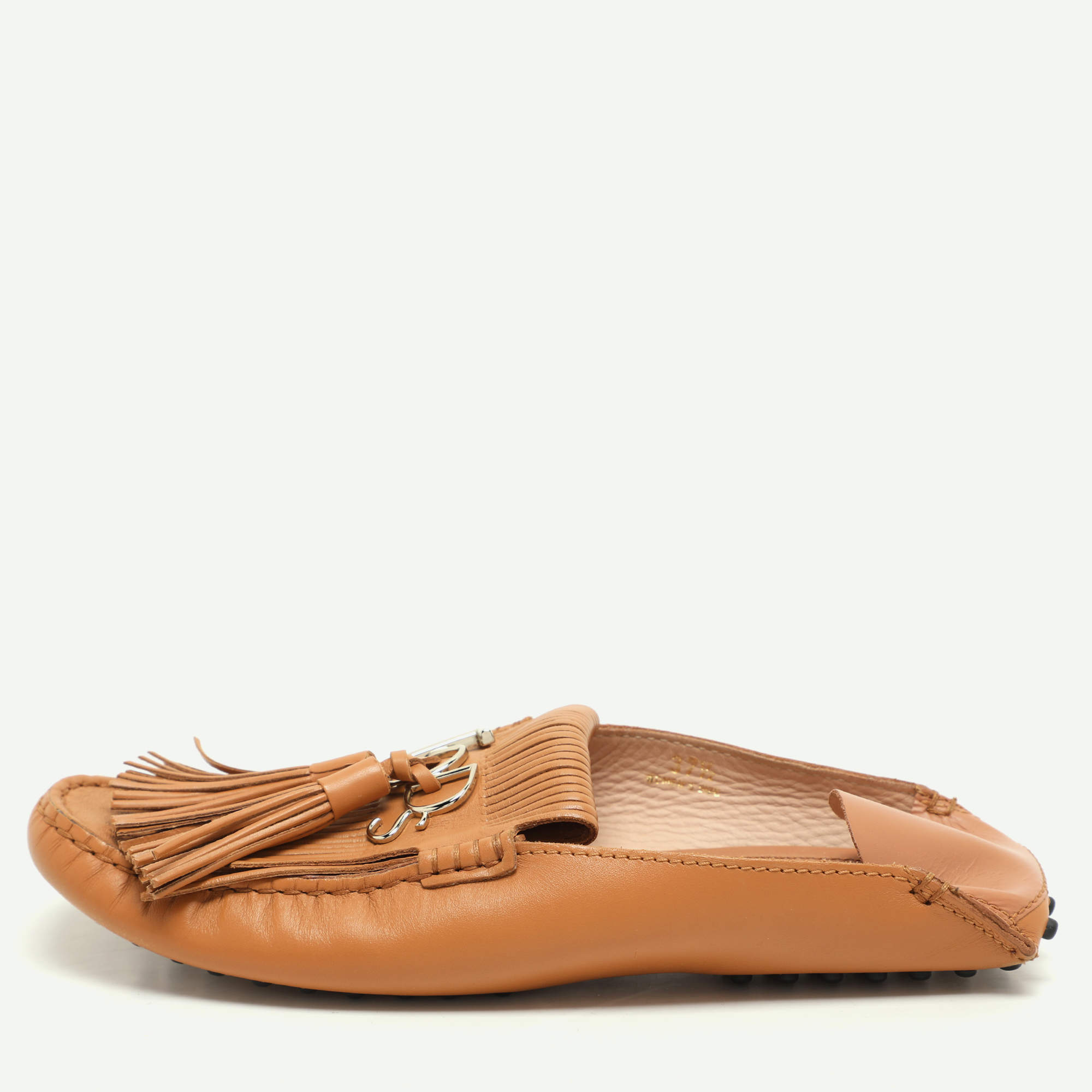 Tod's Brown Leather Tassel Logo Embellished Loafers Size 37.5