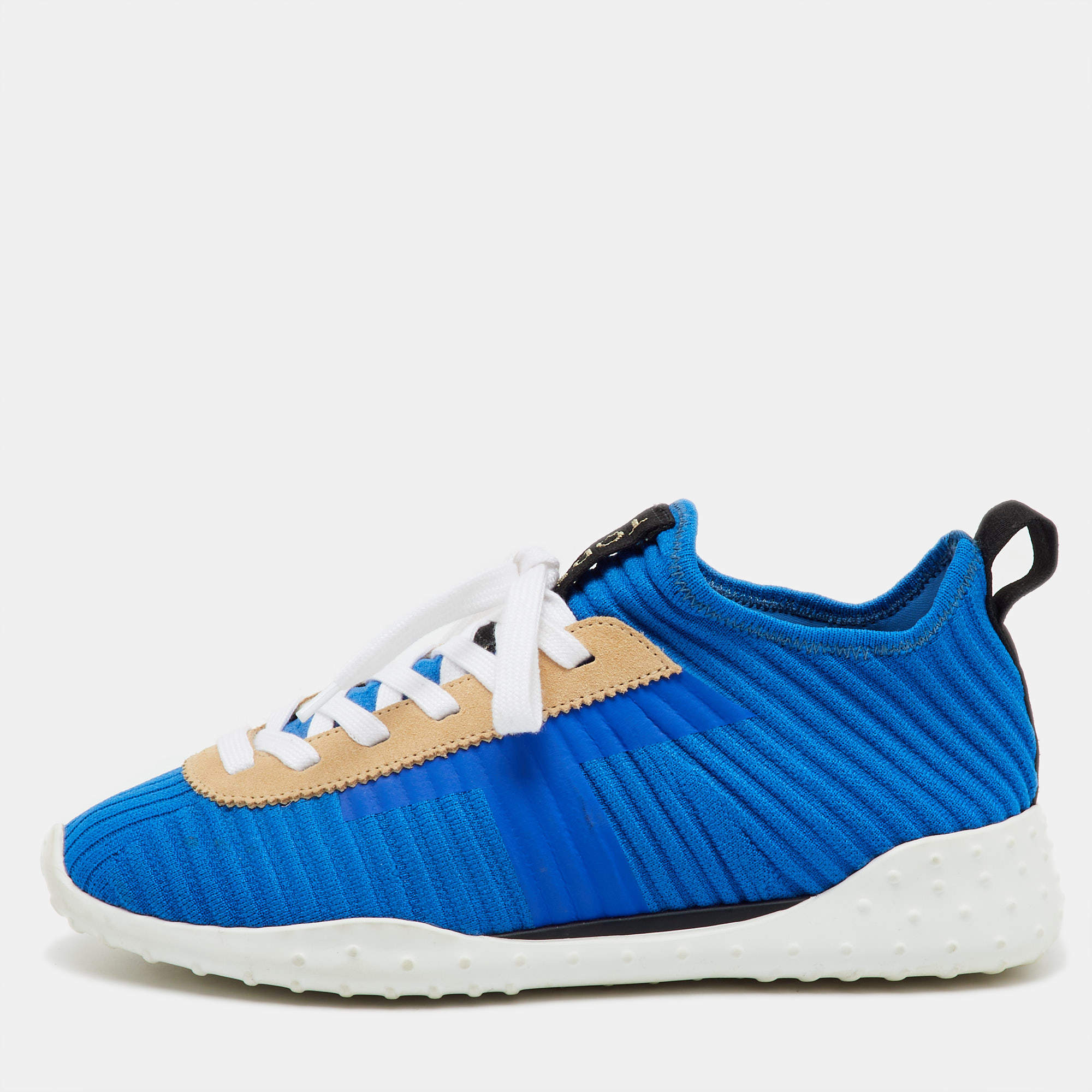 Pre Owned Tod's Blue/Beige Knit Fabric and Suede Sportiva Low Top Sneakers Size 37