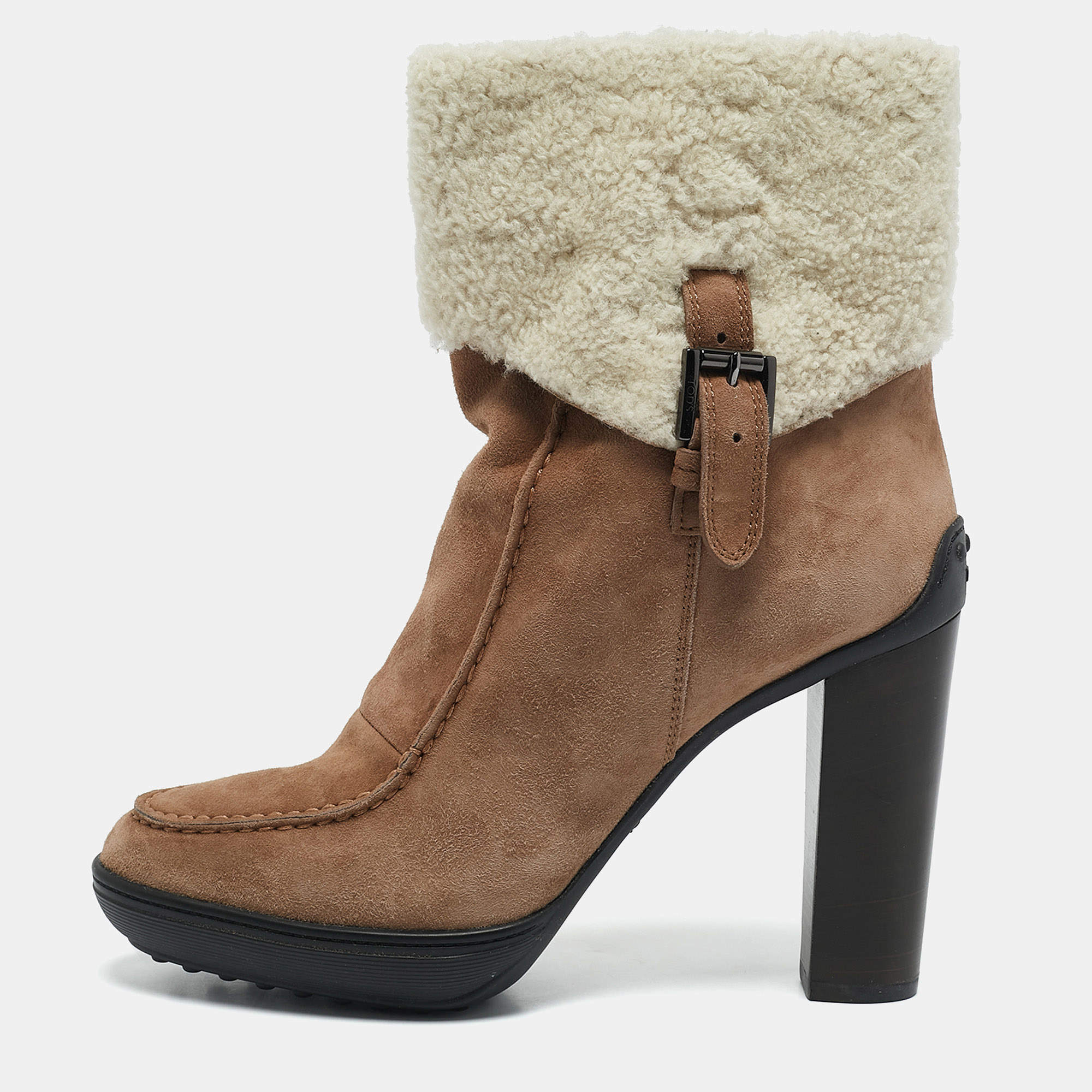 Tod's Brown/Cream Shearling and Suede Ankle Length Boots Size 39