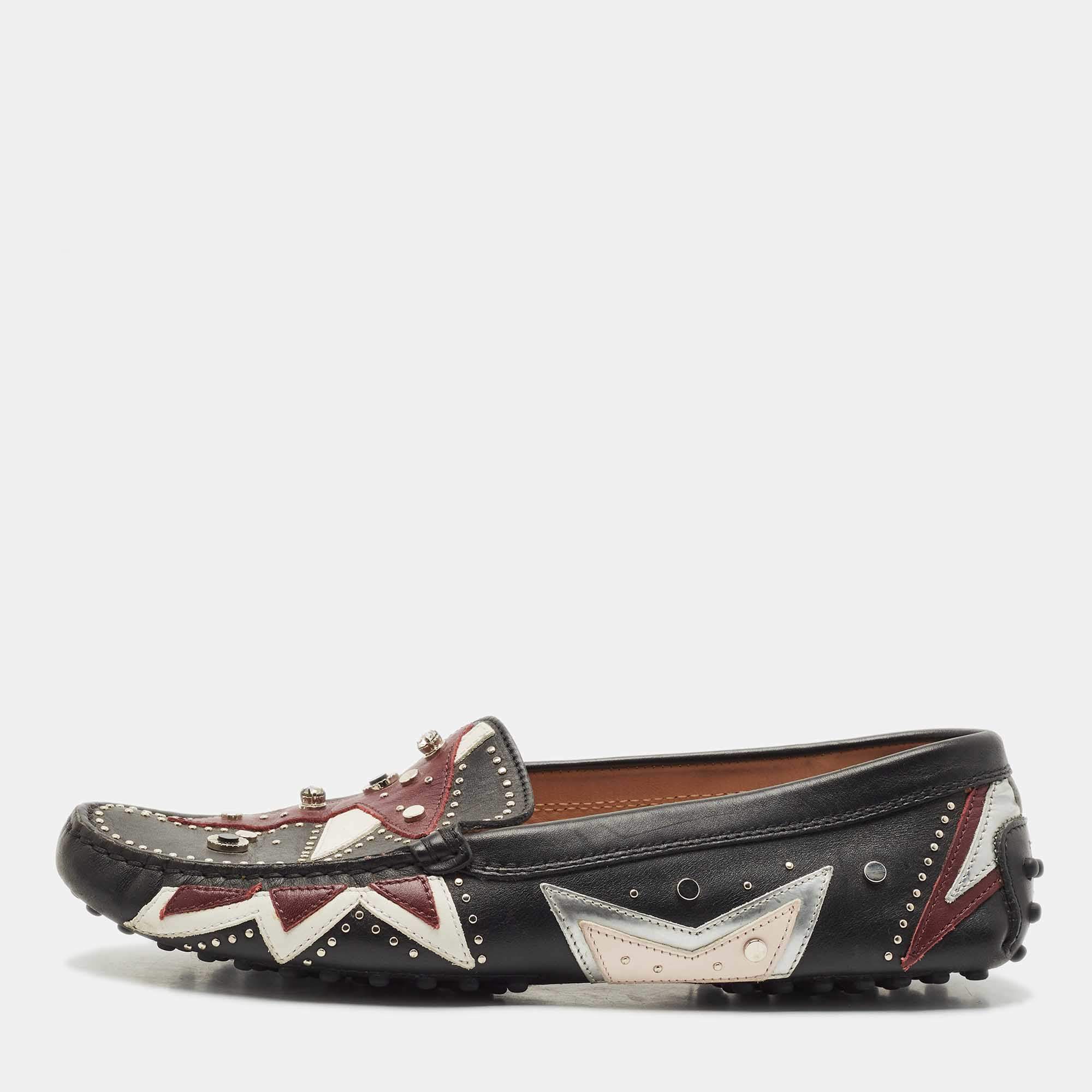 Tod's Black Leather Patchwork Embellished Slip On Loafers Size 39.5