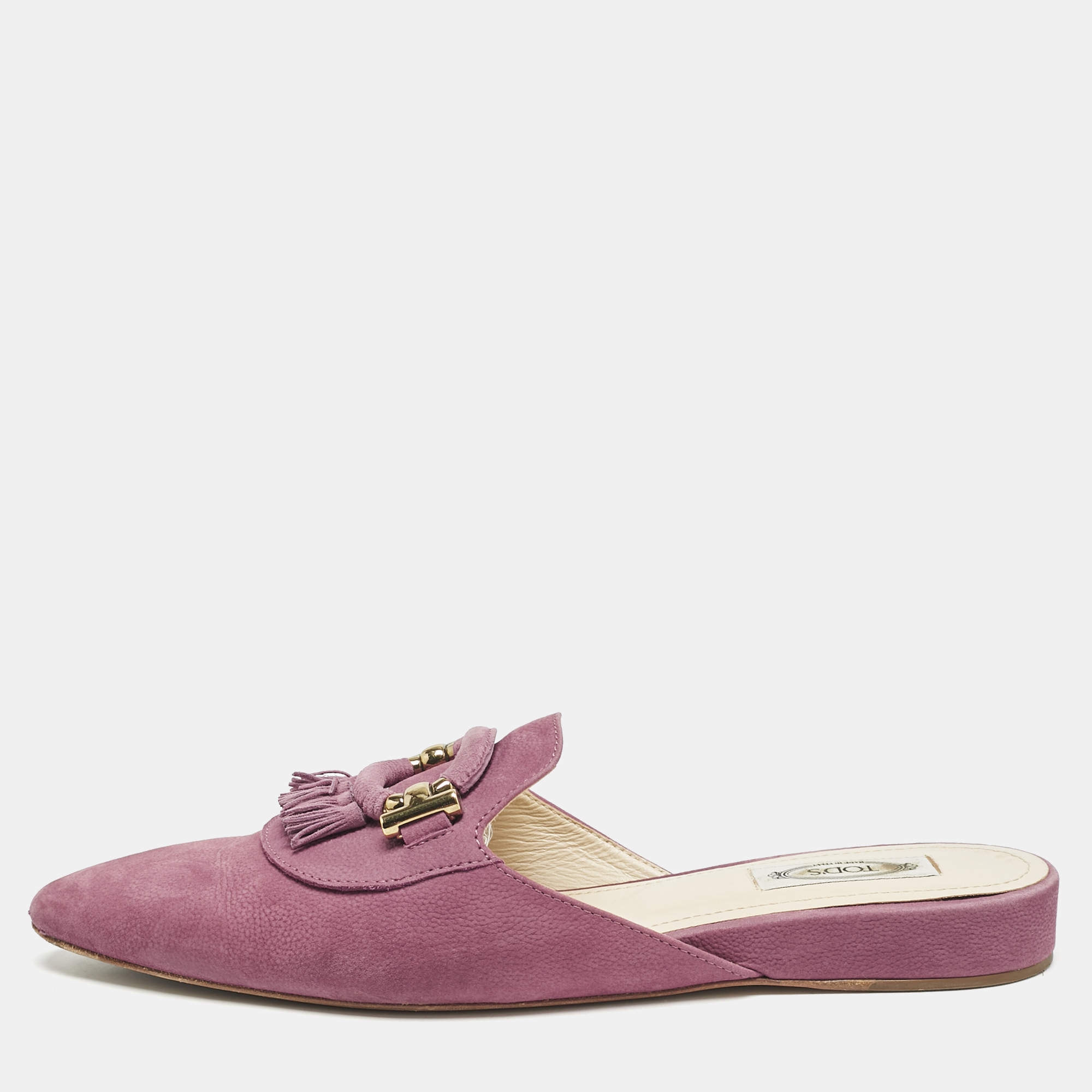 Tod's Purple Nubuck Leather Tassel Detail Mules Size 39.5