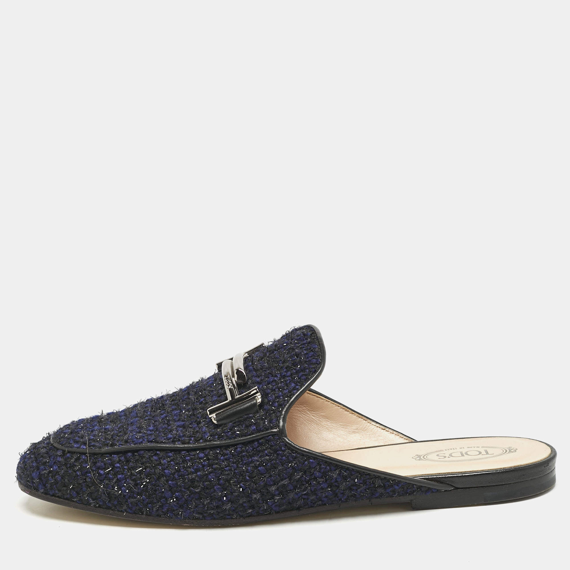 Pre Owned Tod's Navy Blue/Black Tweed and Leather Double T Flat Mules Size 37