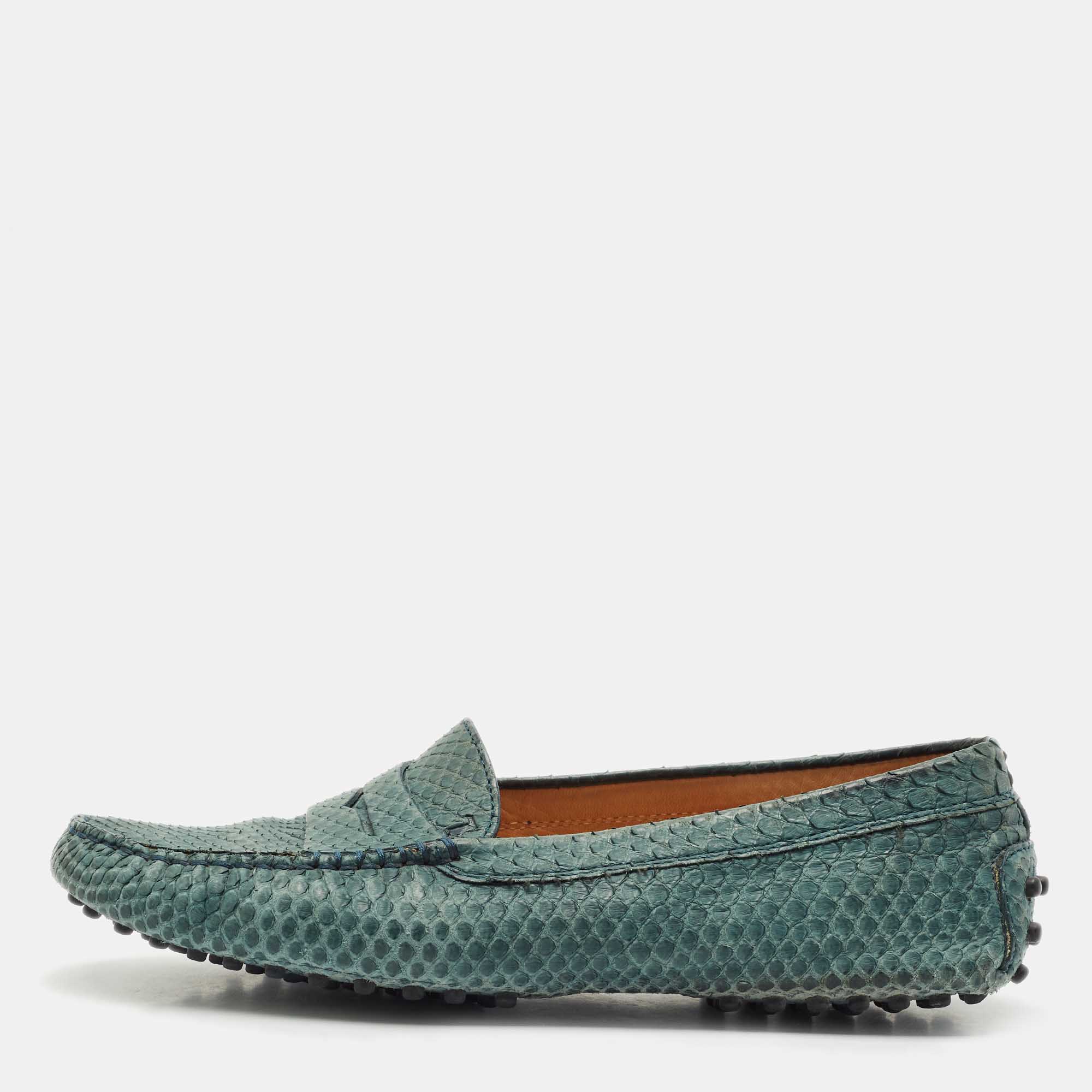 مملوكة مسبقًا Tod's Green Python Leather Slip On Loafers Size 38