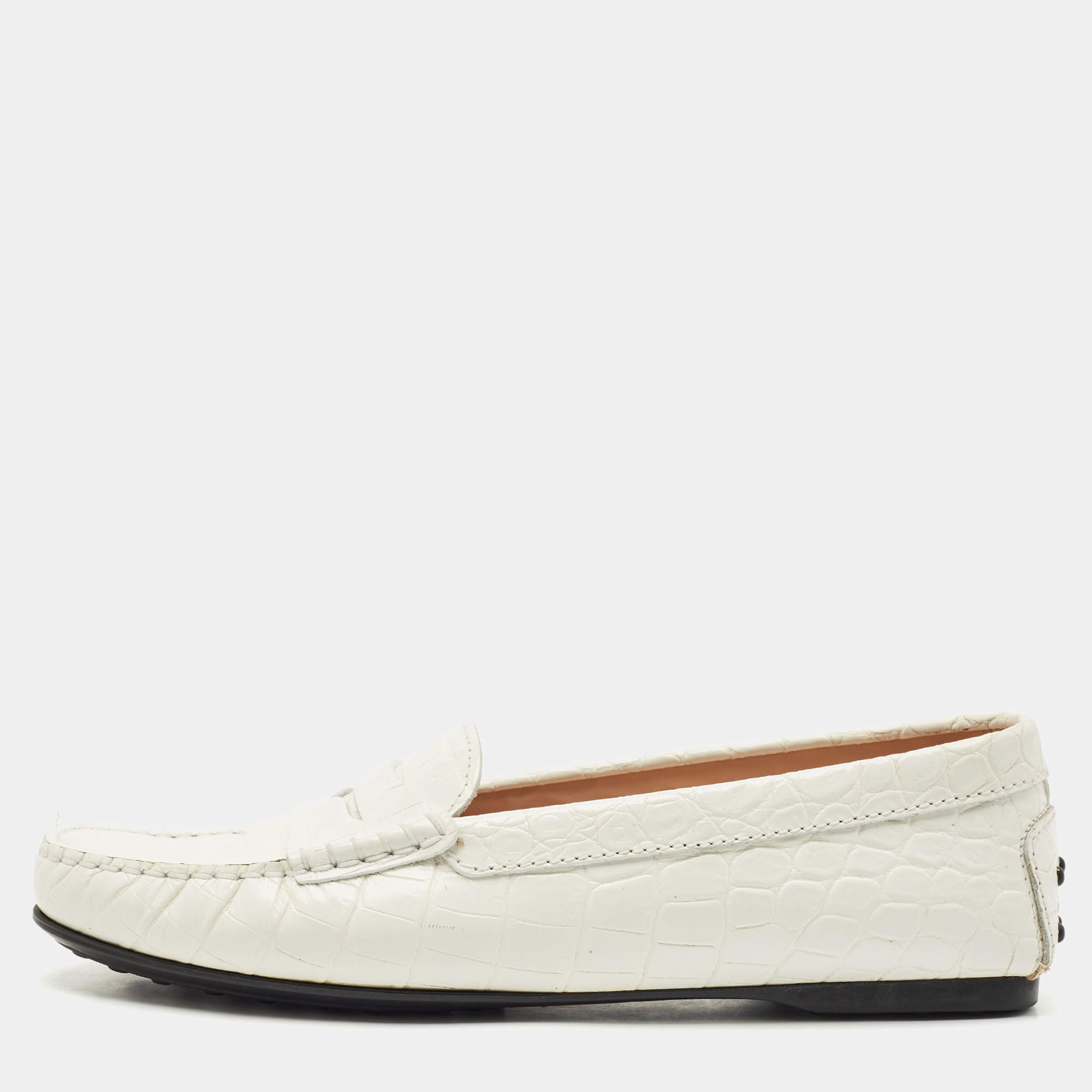 Tod's White Croc Embossed Leather Penny Slip On Loafers Size 38
