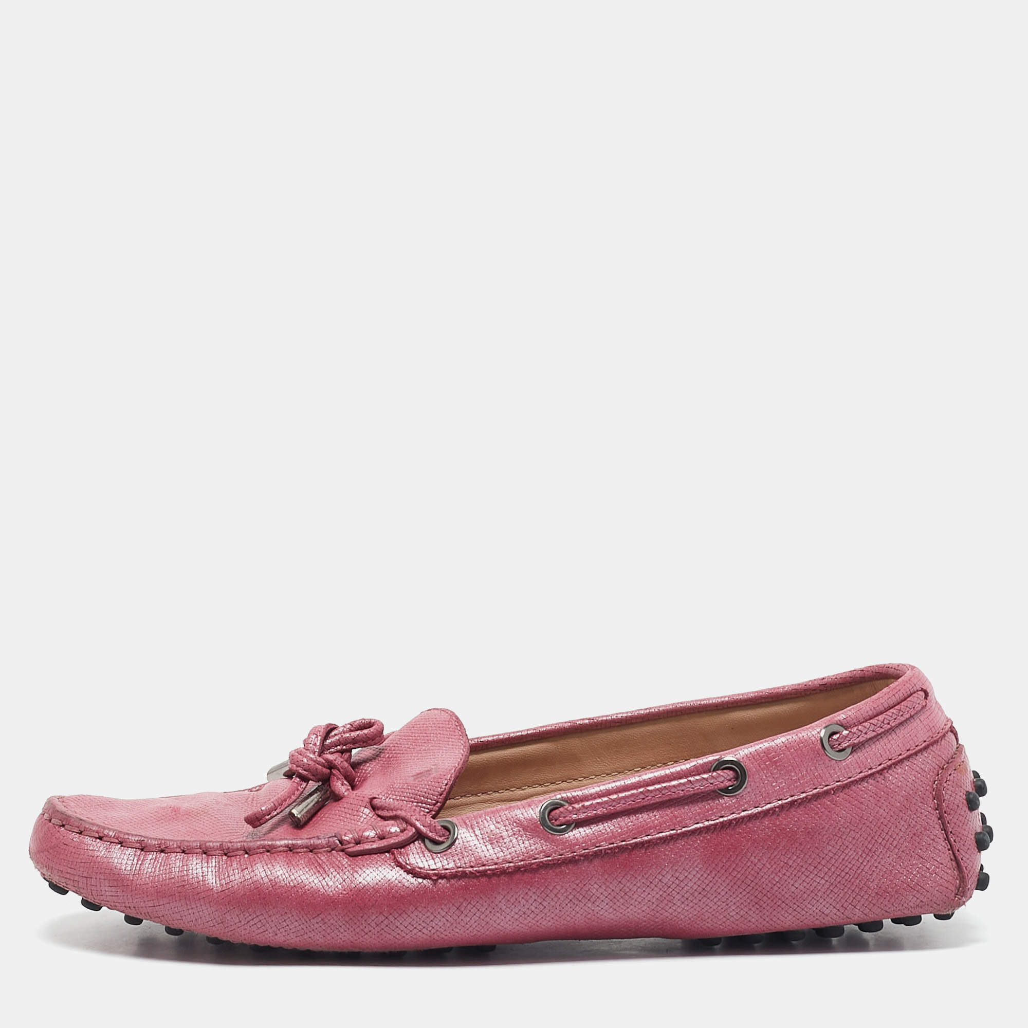 Tod's Metallic Pink Leather Bow Slip On Loafers Size 38