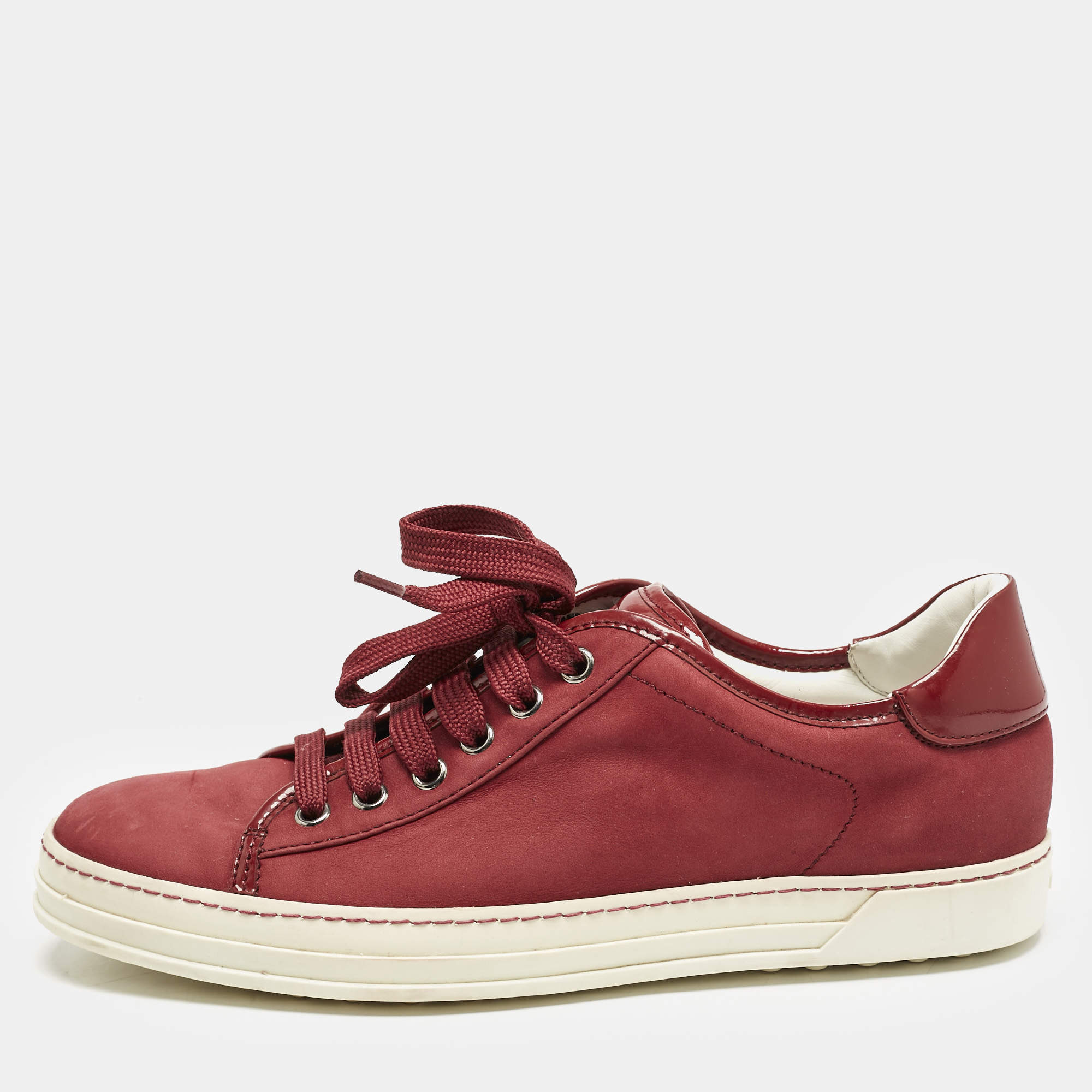 Tod's Burgundy Nubuck and Patent Leather Low Top Sneakers Size 39