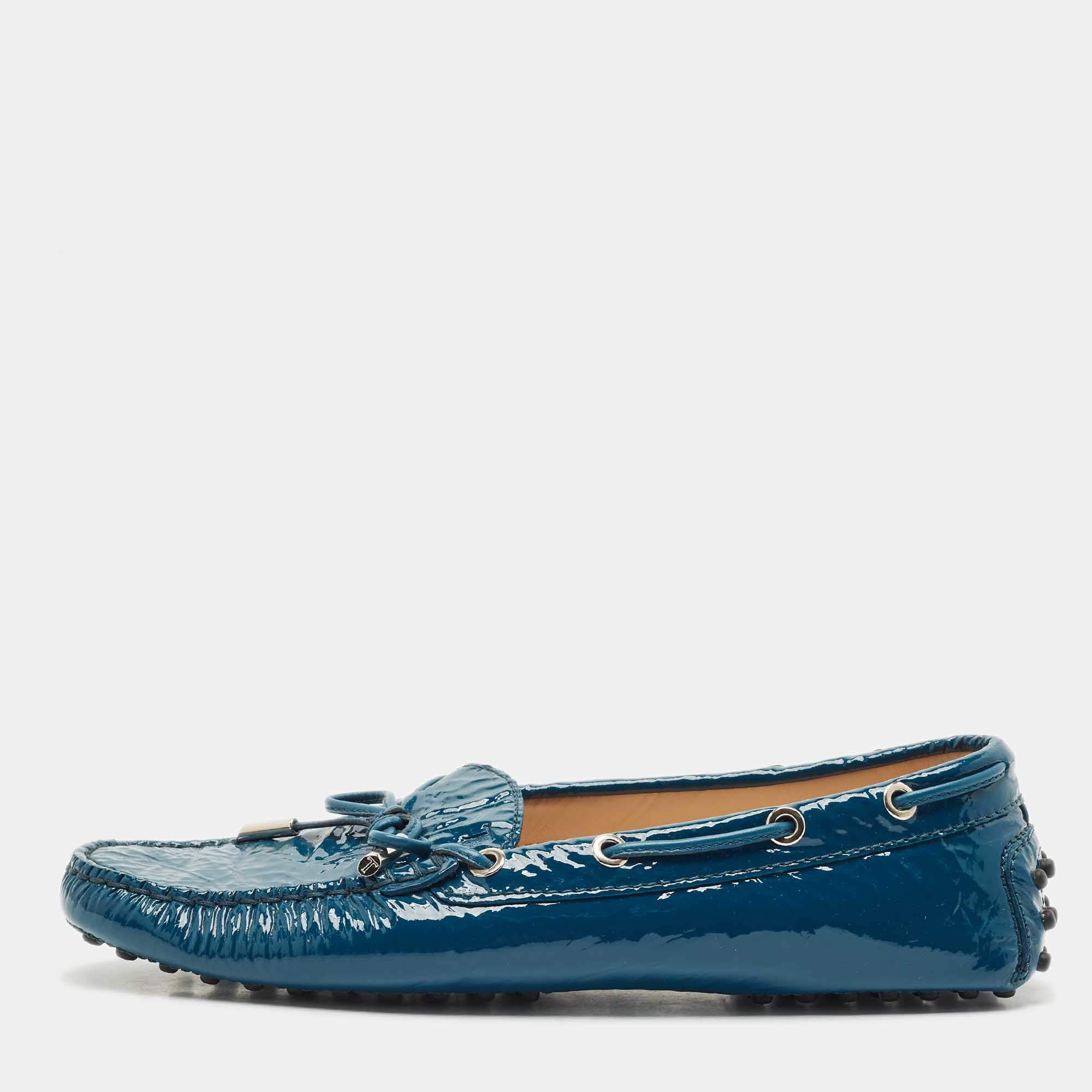 Pre Owned Tod's Blue Patent Leather Bow Slip On Loafers Size 38