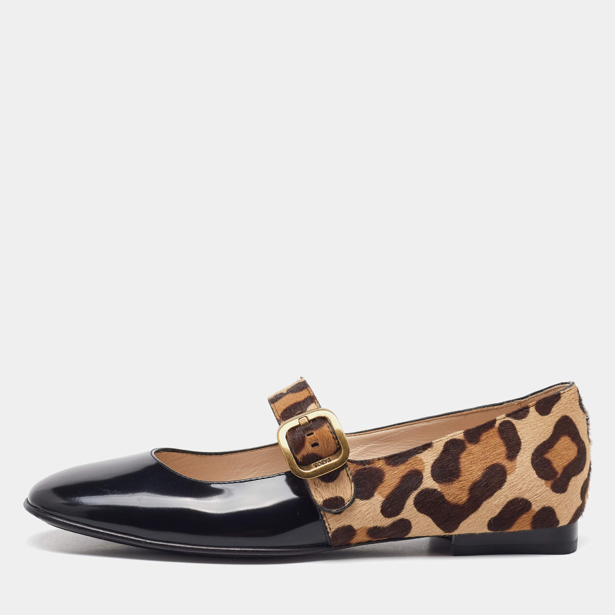 مملوكة مسبقًا حذاء باليرينا فلات تودز جلد أسود/بني ونقشة الفهد شعر العجل ماري جين مقاس 37.5