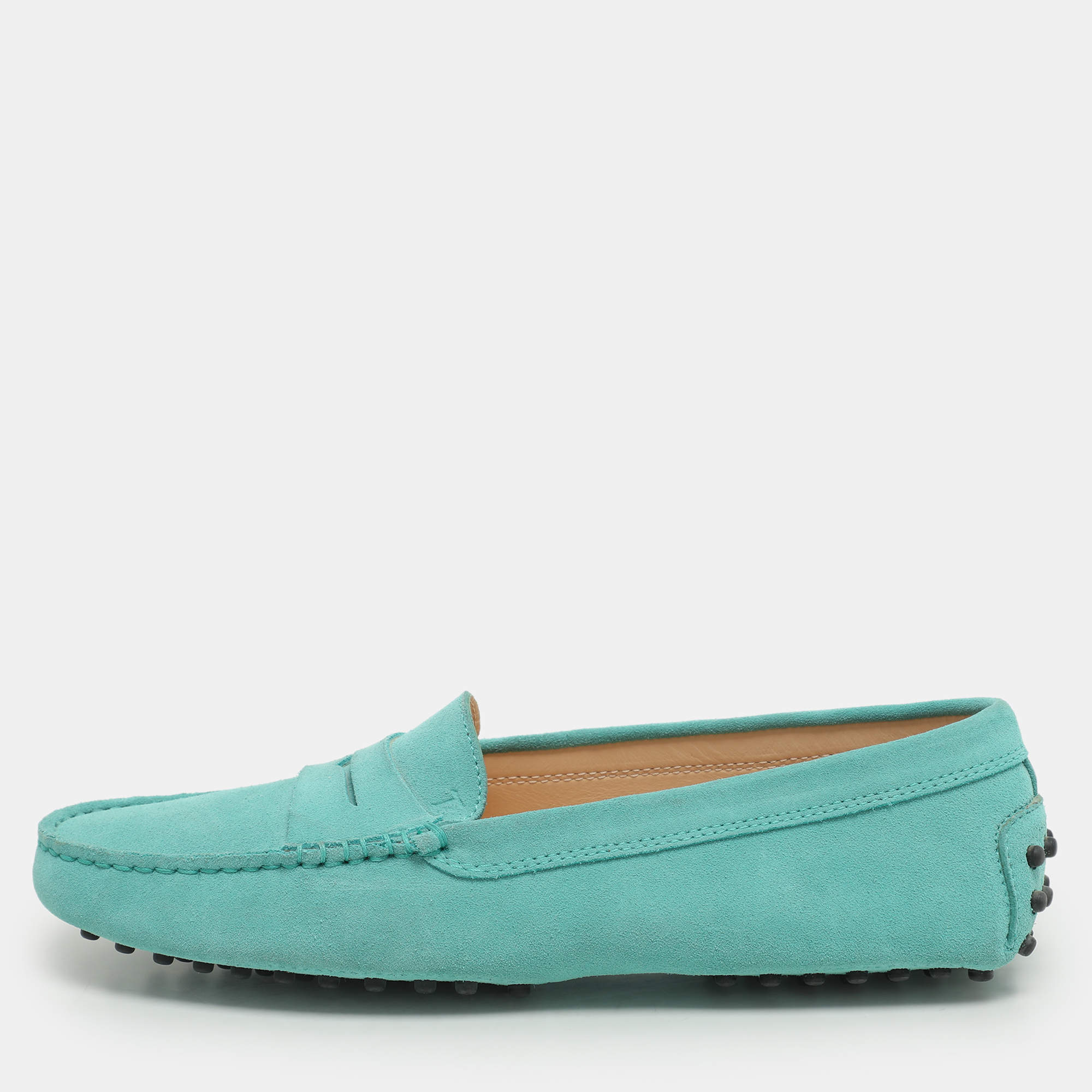 Pre Owned Tod's Turquoise Suede Penny Loafers Size 38