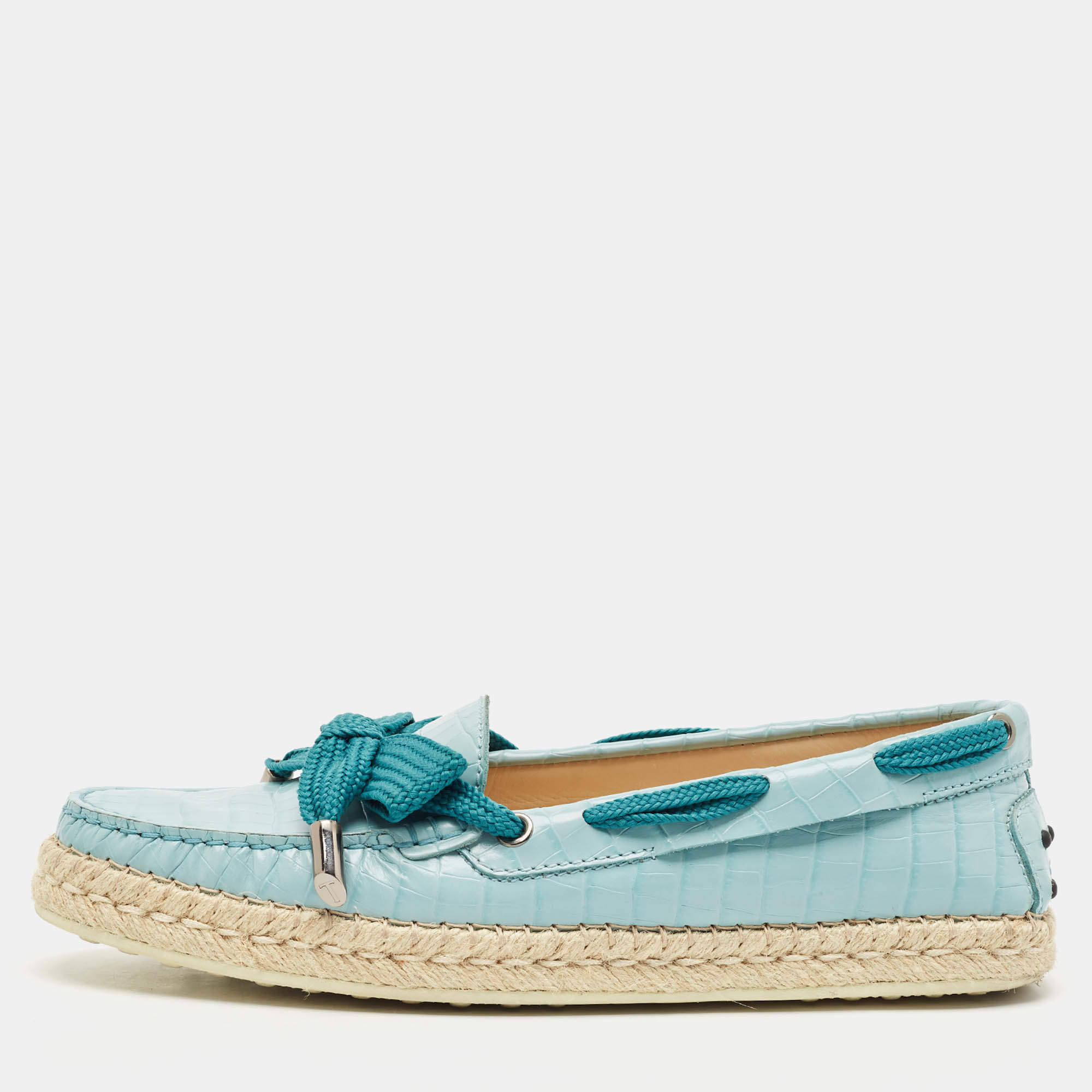 Pre Owned Tod's Blue Croc Embossed Leather Espadrille Loafers Size 39