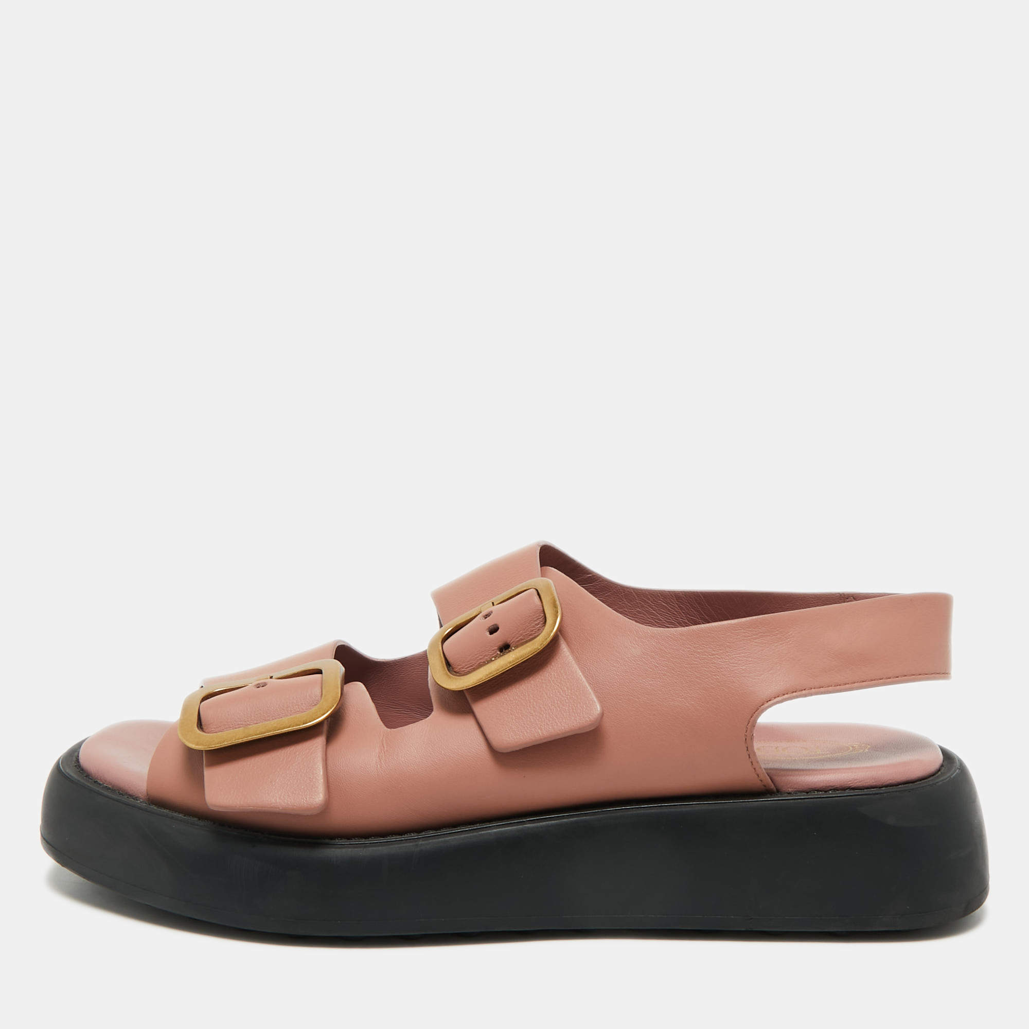 Pre Owned Tod's Dusty Pink Leather Double Buckle Chunky Sandals Size 39.5