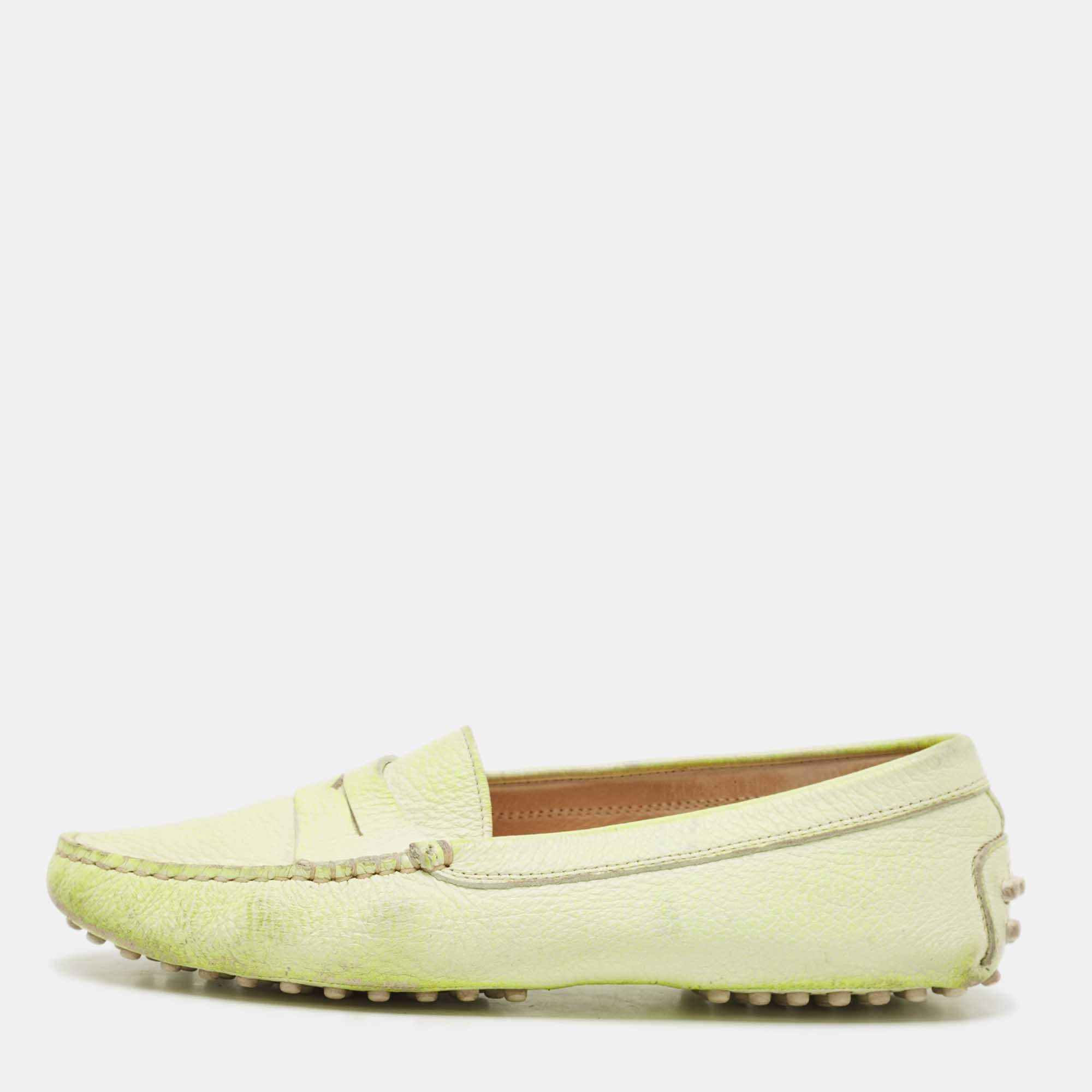 Pre Owned Tod's Neon Green Two-Tone Leather Slip On Loafers Size 36