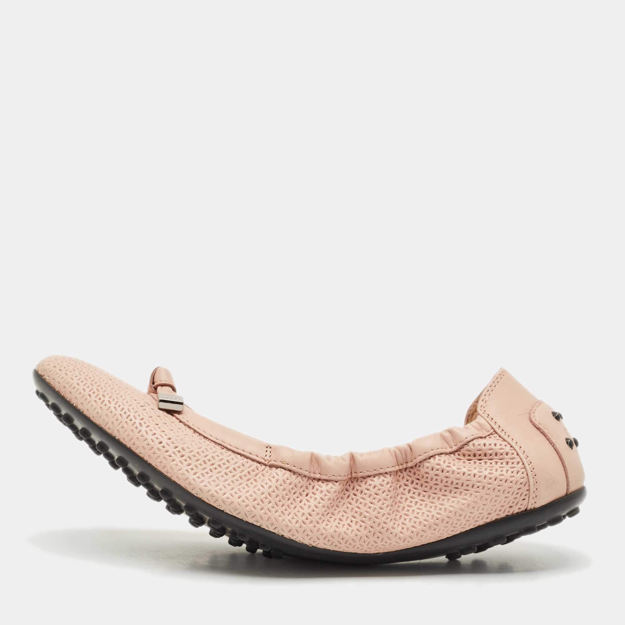 Pre Owned Tod's Light Pink Leather Bow Scrunch Ballet Flats Size 39