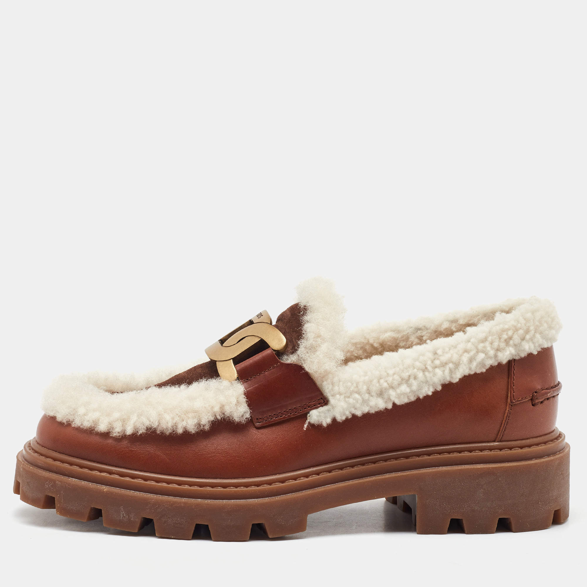 Pre Owned Tod's Brown/Off White Leather and Shearling Fur Kate Slip On Loafers Size 36.5