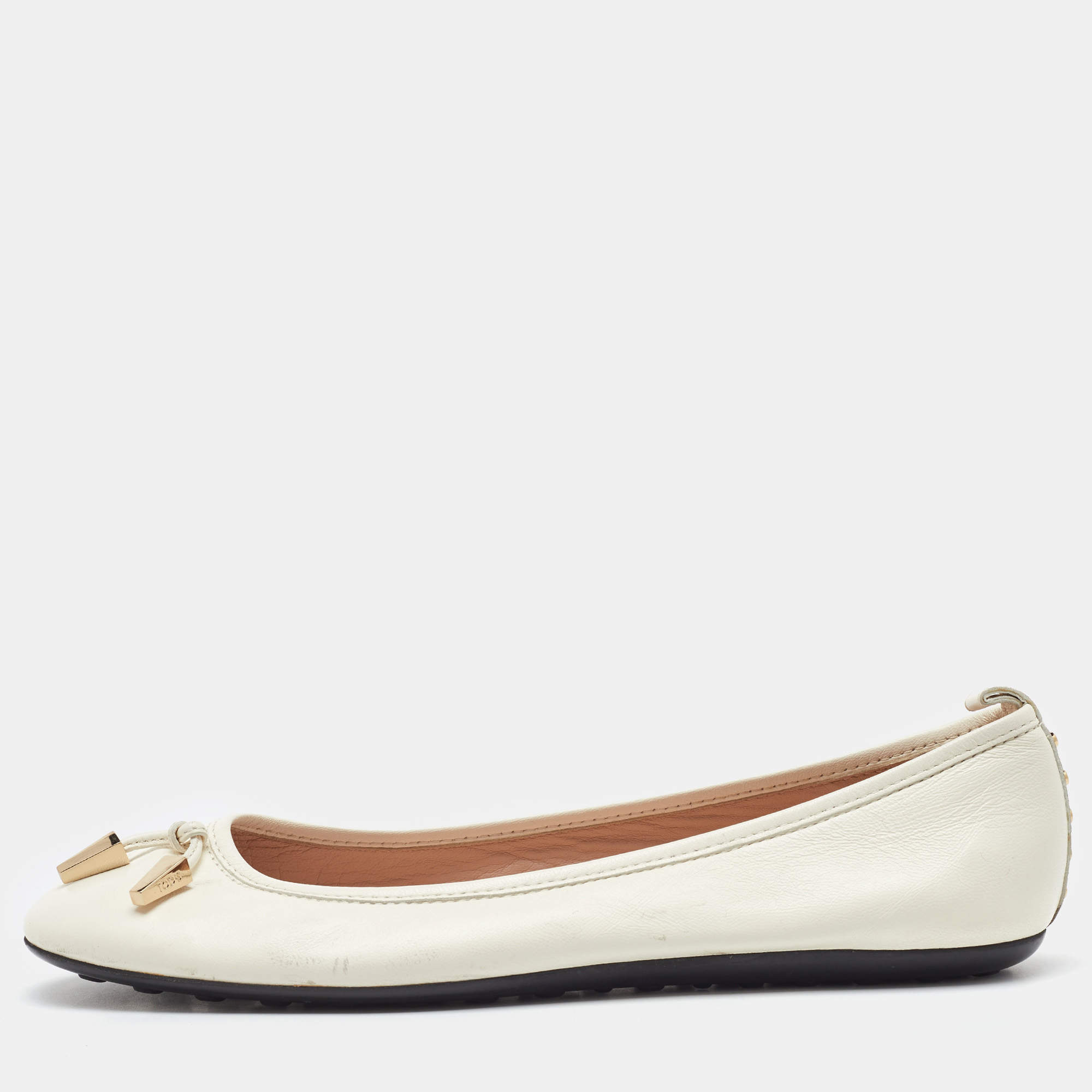 Pre Owned Tod's Off White Leather Studded Ballet Flats Size 38