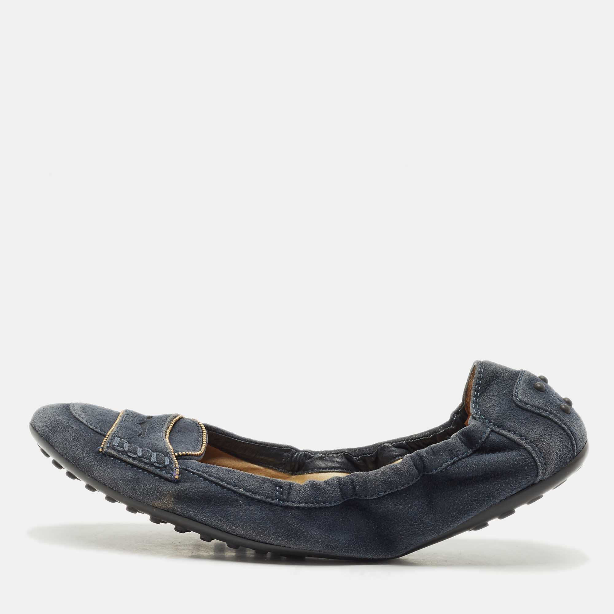 Pre Owned Tod's Blue Suede Buckle Scrunch Ballerina Flats Size 38.5