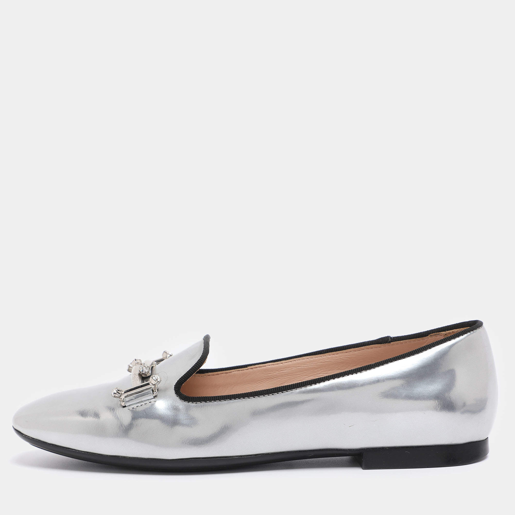 Pre Owned Tod's Silver Leather Double T-Smoking Slippers Size 35.5