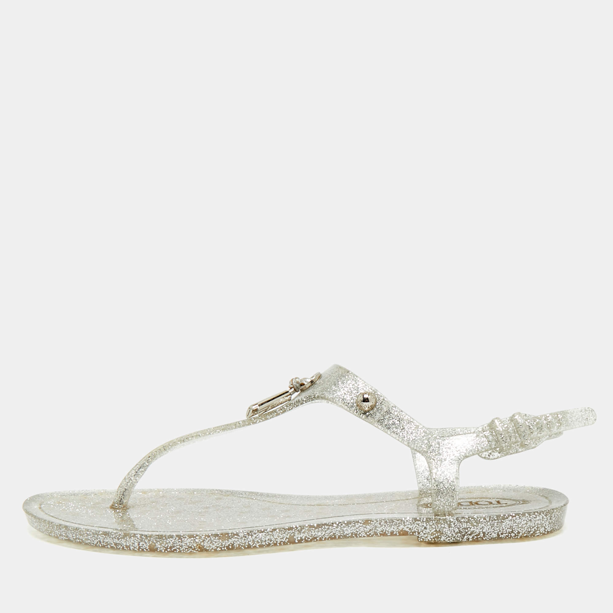 Pre Owned Tod's Silver Jelly Tassel Detail Thong Flat Sandals Size 36