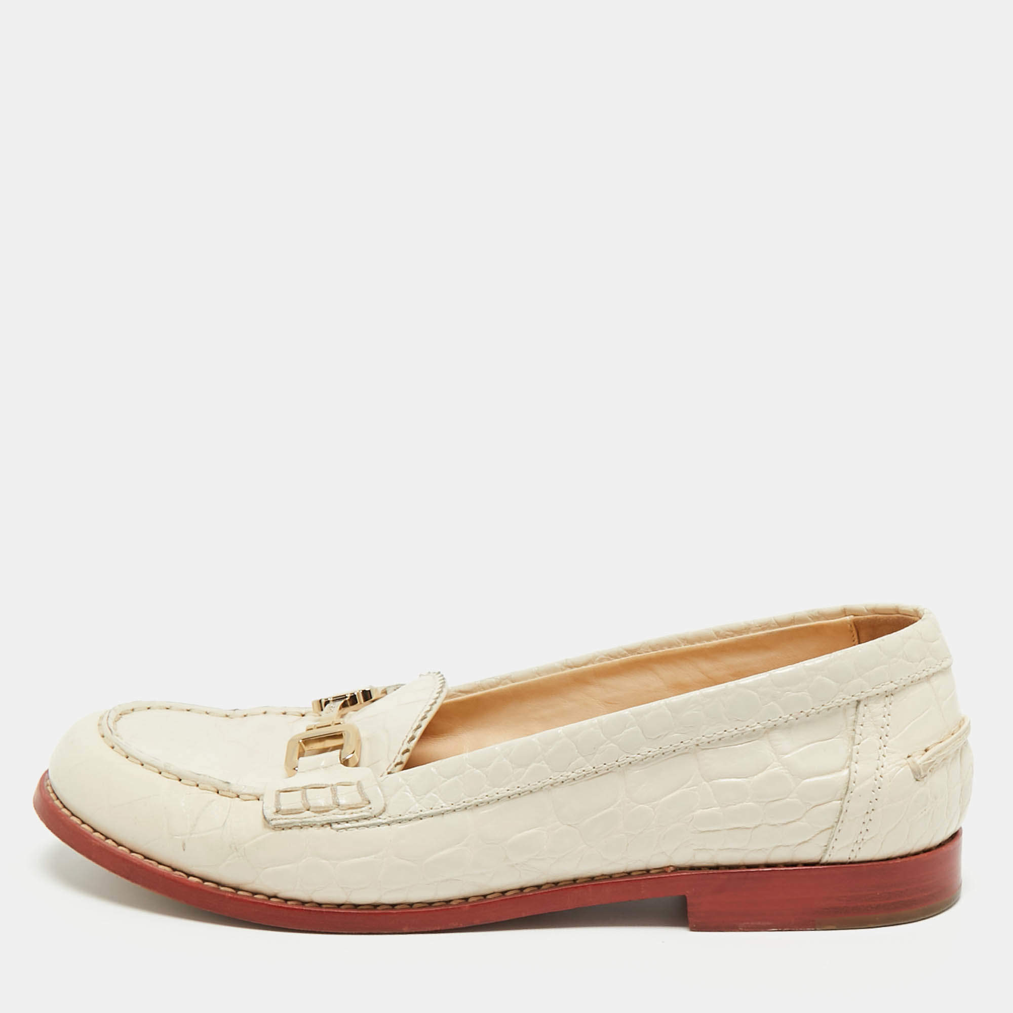 Pre Owned Tod's Cream Croc Embossed Leather Slip On Loafers Size 40