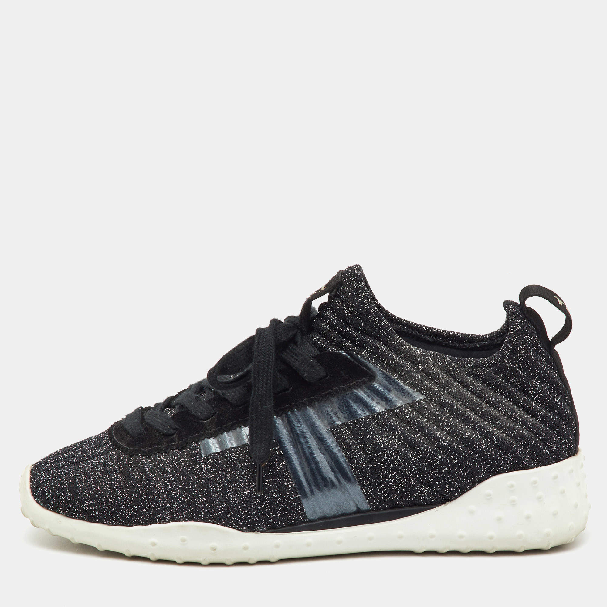 Pre Owned Tod's Metallic Black Lurex Fabric and Suede T Print Sneakers Size 36