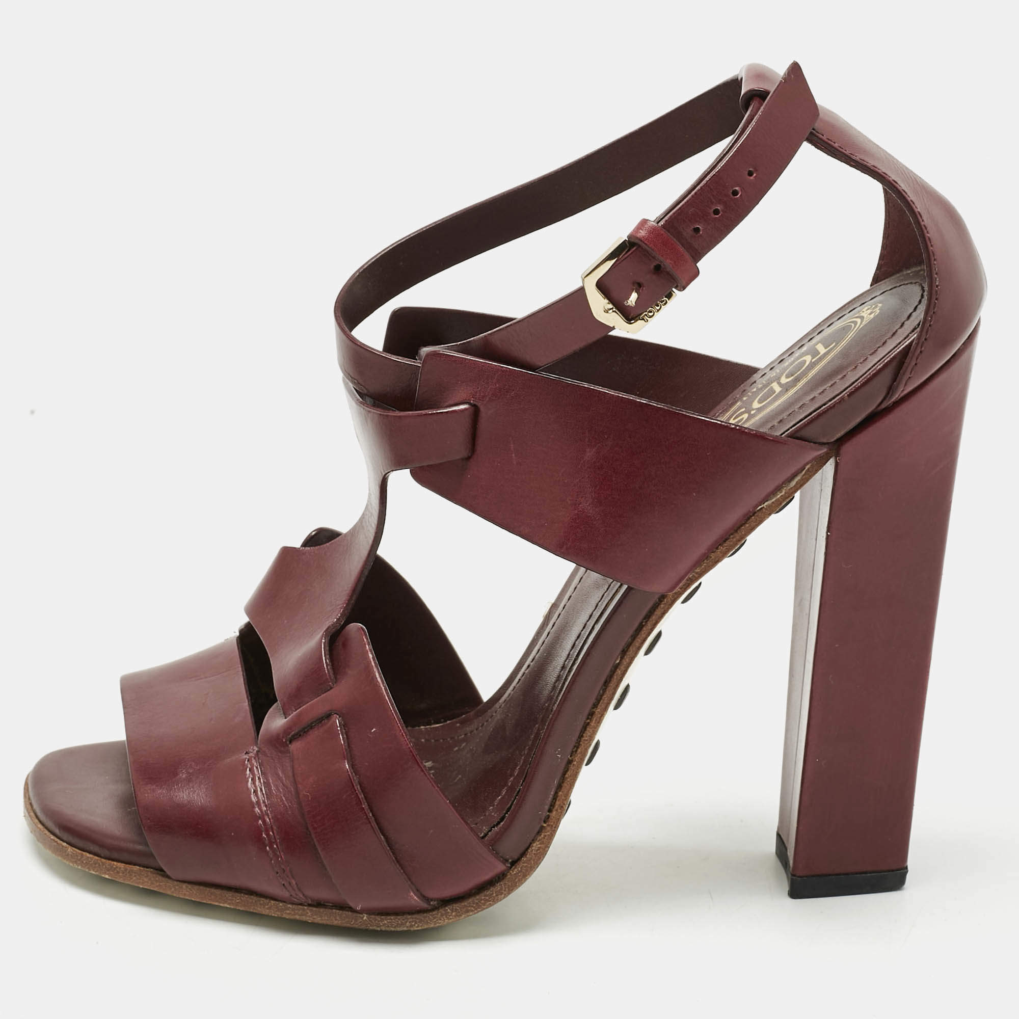 Pre Owned Tod's Brown Leather Ankle Strap Block Heel Sandals Size 36.5