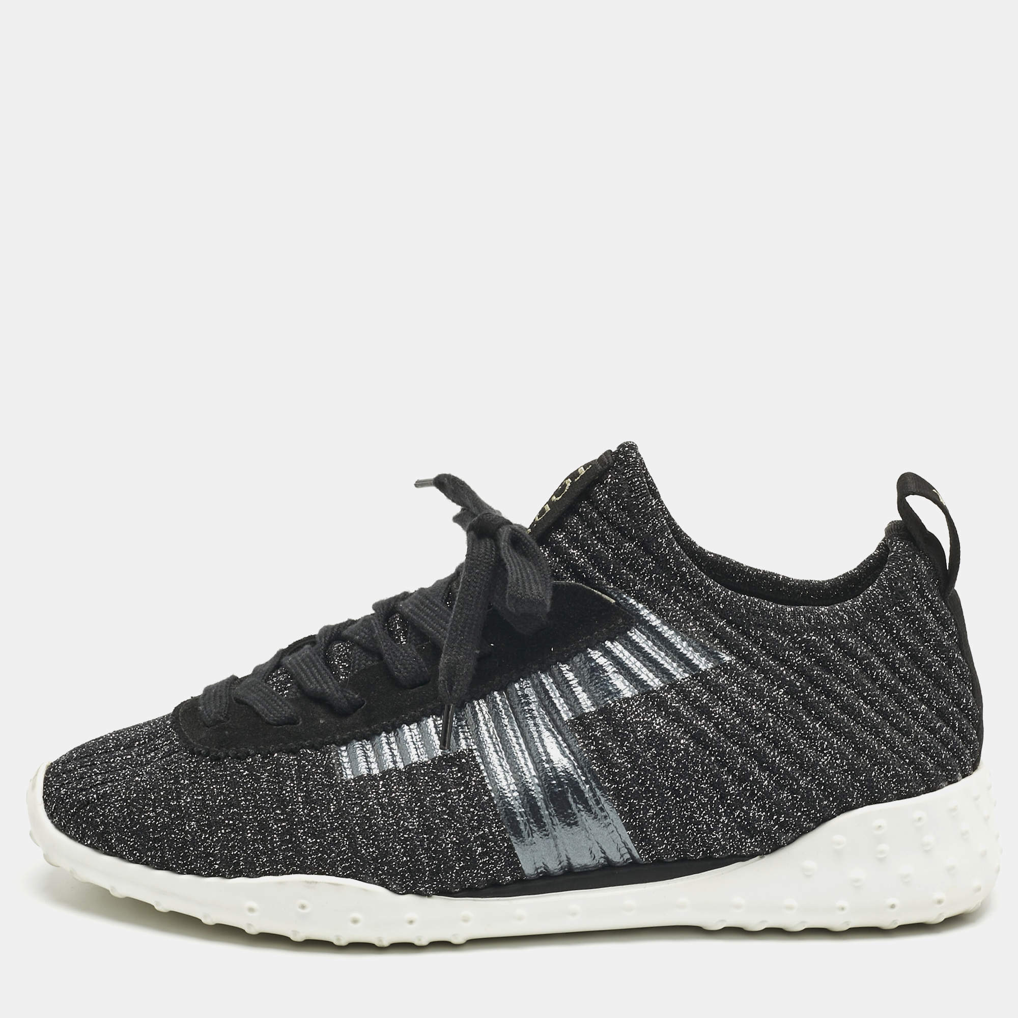مملوكة مسبقًا Tod's Metallic Black Lurex Fabric and Suede T Print Sneakers Size 40