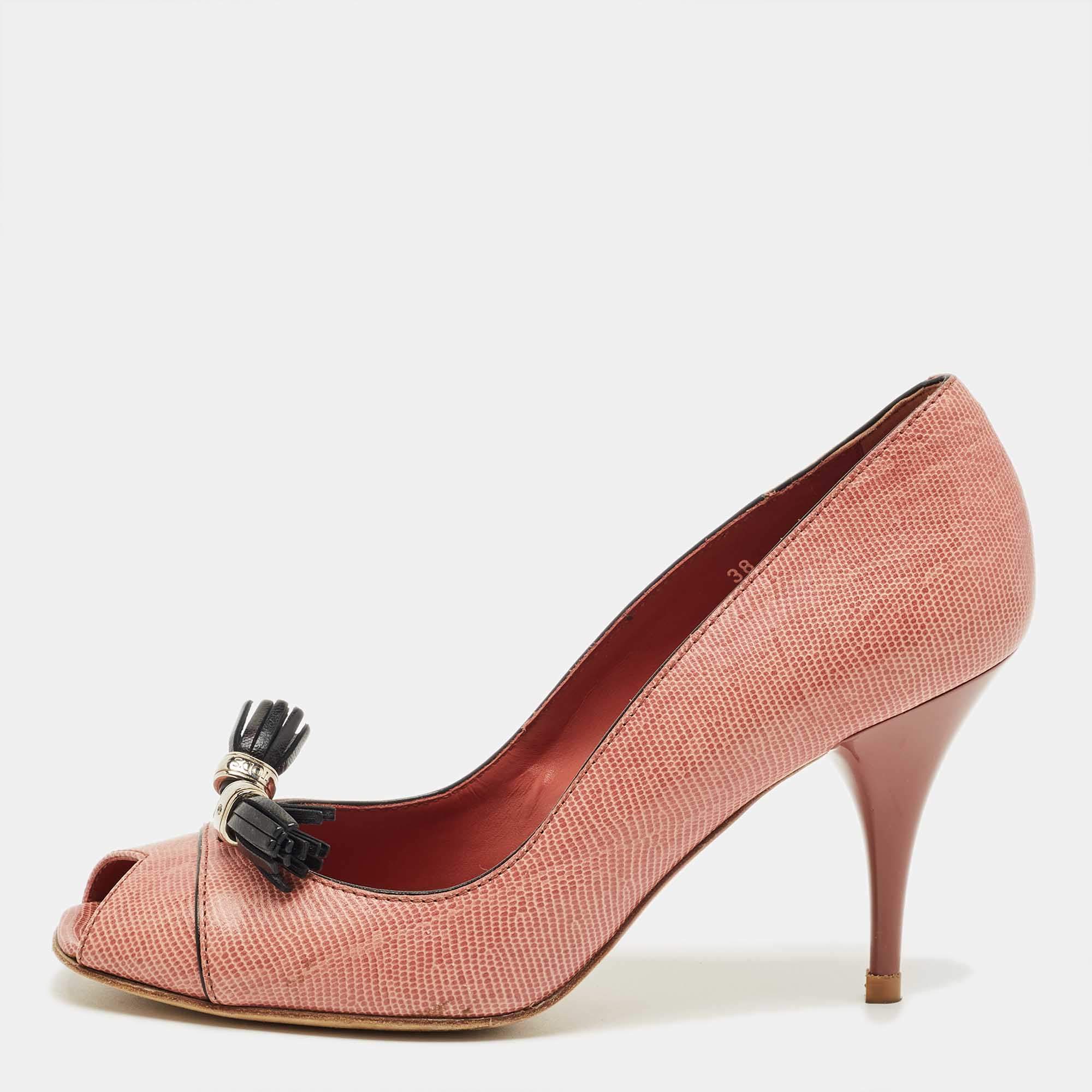 مملوكة مسبقًا حذاء كعب عالي تودز جلد منقوش سحلية وردي مقدمة مفتوحة مقاس 38