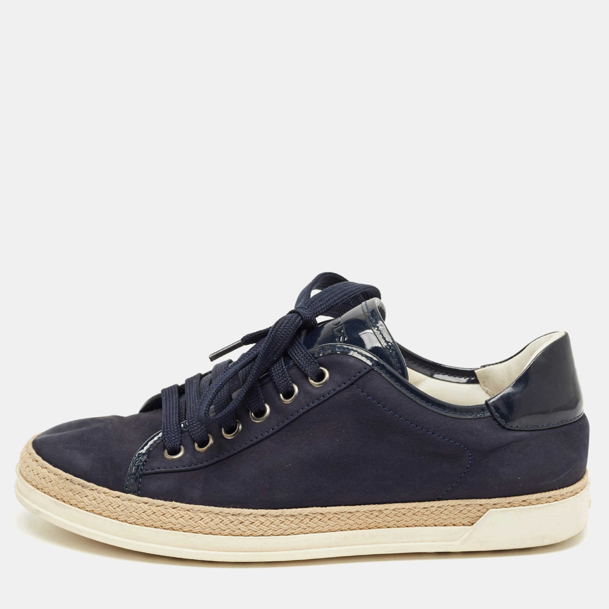 Pre Owned Tod's Navy Blue Nubuck Leather and Patent Leather Lace Up Sneakers Size 36