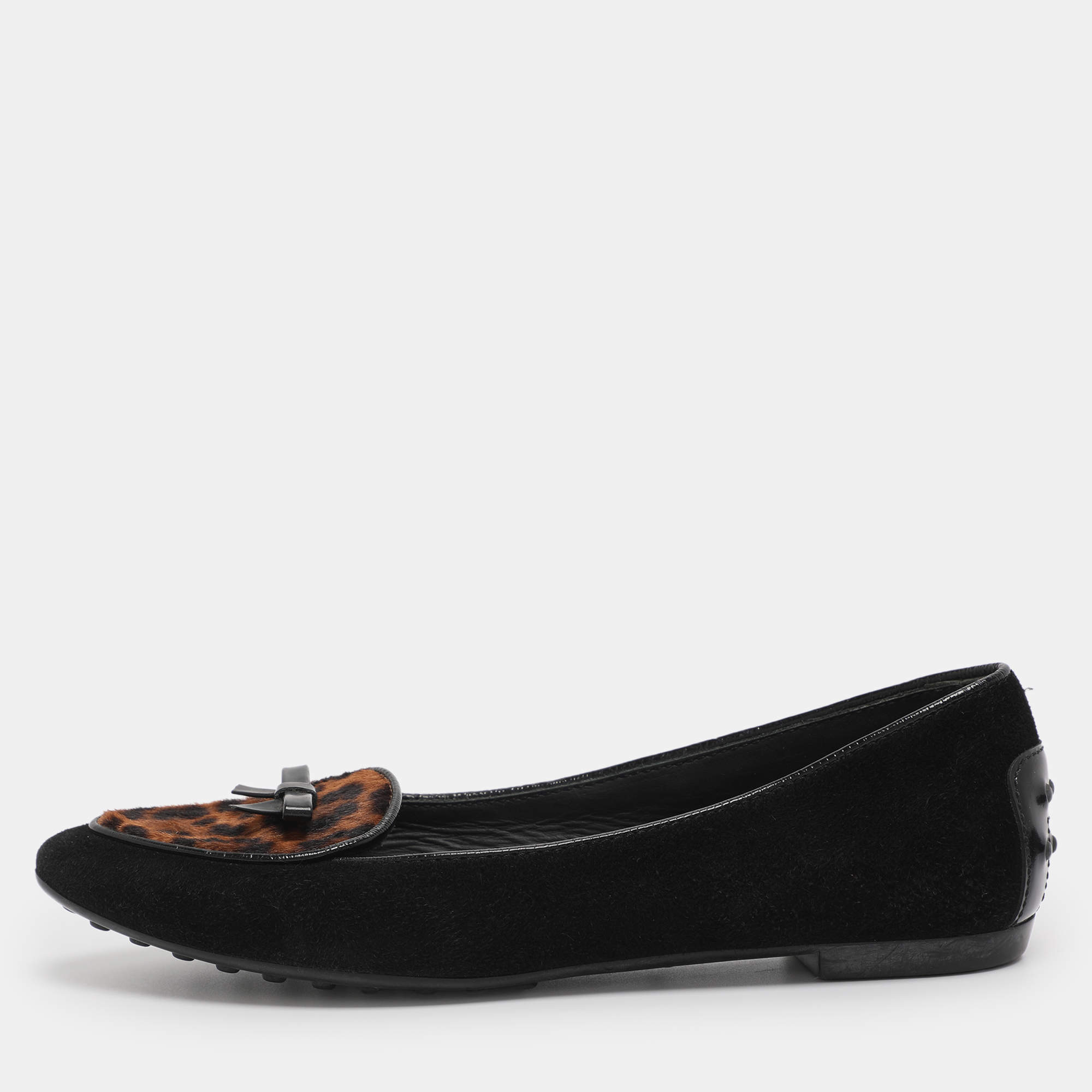 Pre Owned Tod's Black Leopard Print Calf Hair and Suede Bow Ballet Flats Size 36