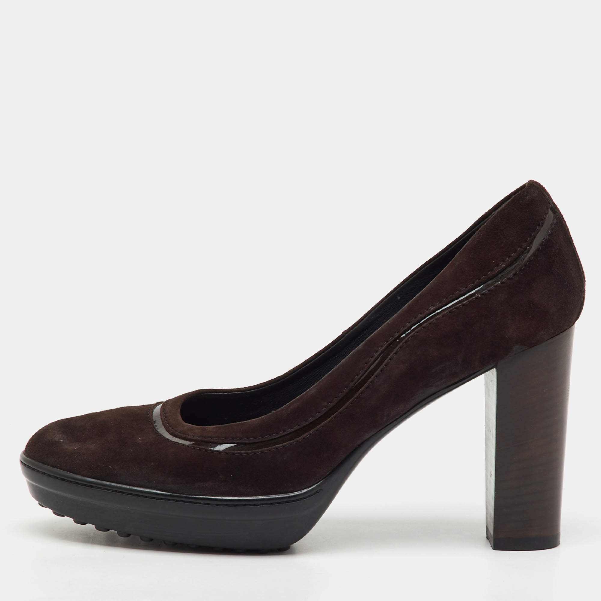 Pre Owned Tod's Dark Brown Suede Round Toe Platform Pumps Size 38