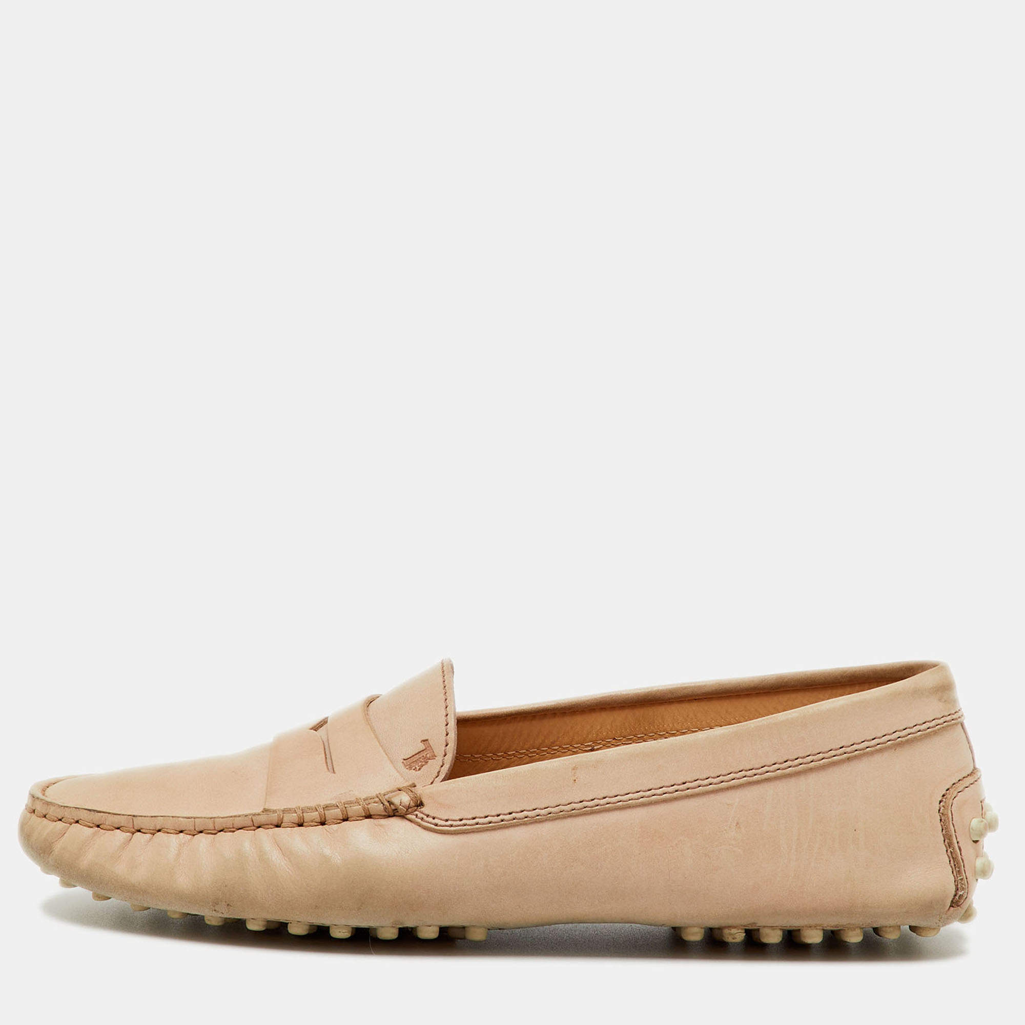 Pre Owned Tod's Beige Leather Penny Slip On Loafers Size 36