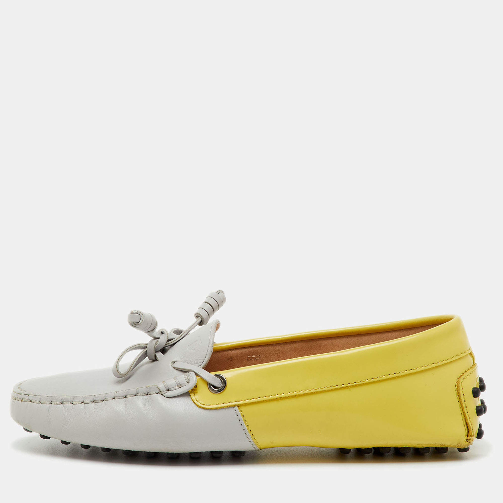 Pre Owned Tod's Yellow/Grey Leather and Patent Bow Slip On Loafers Size 36