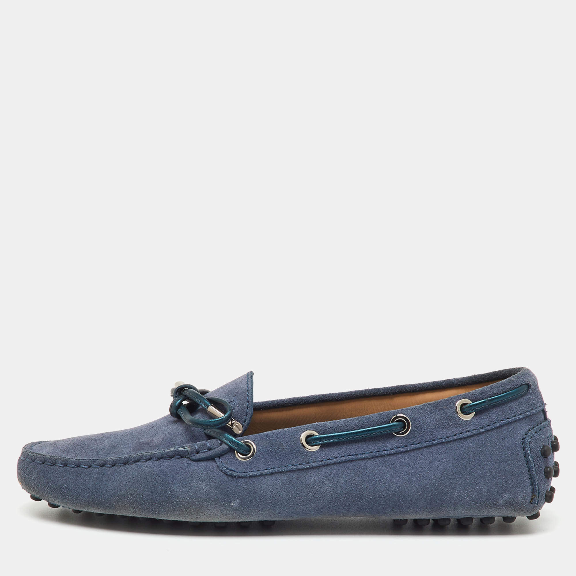 Pre Owned Tod's Blue Suede Gommino Bow Slip On Loafers Size 36
