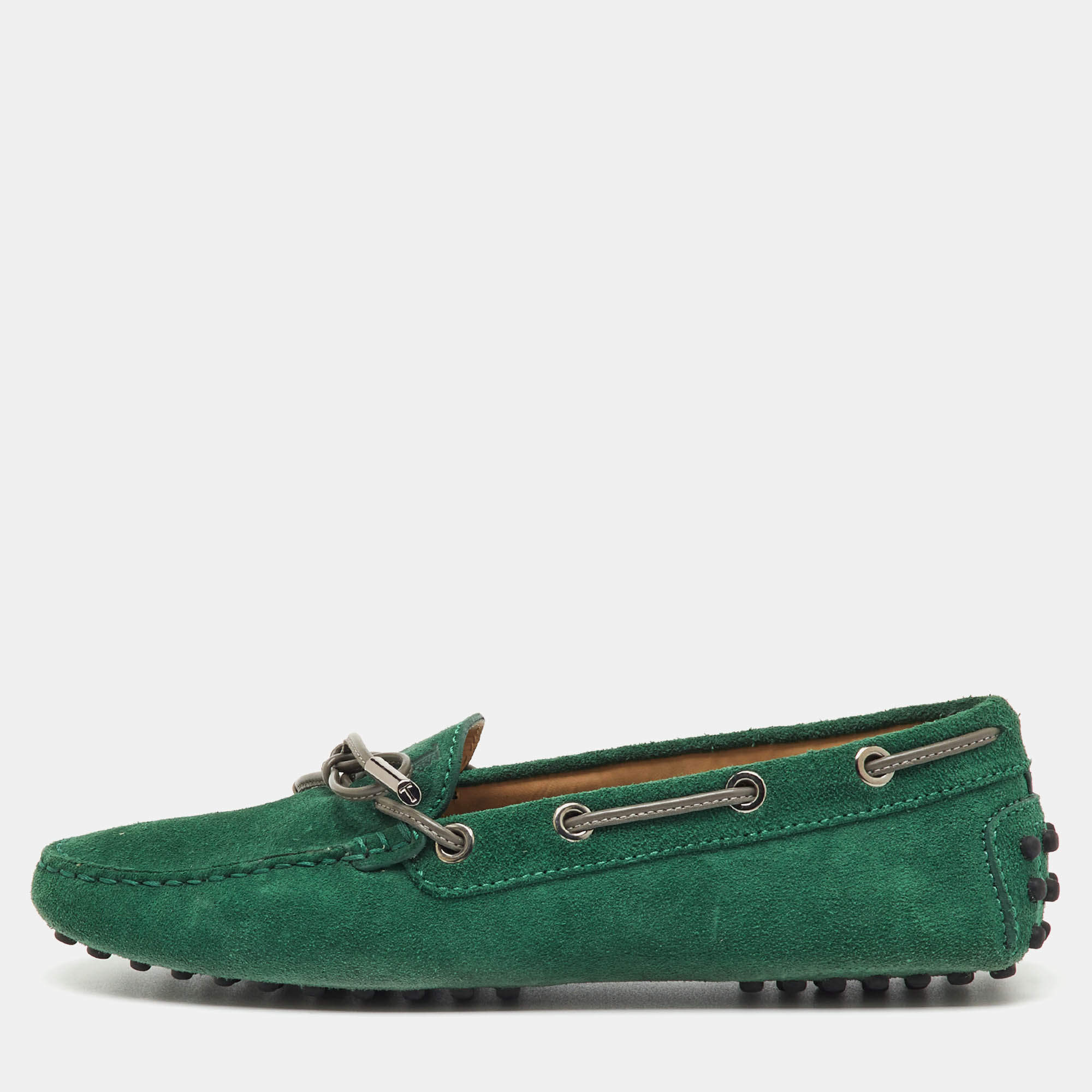 Pre Owned Tod's Green Suede Gommino Bow Slip On Loafers Size 36