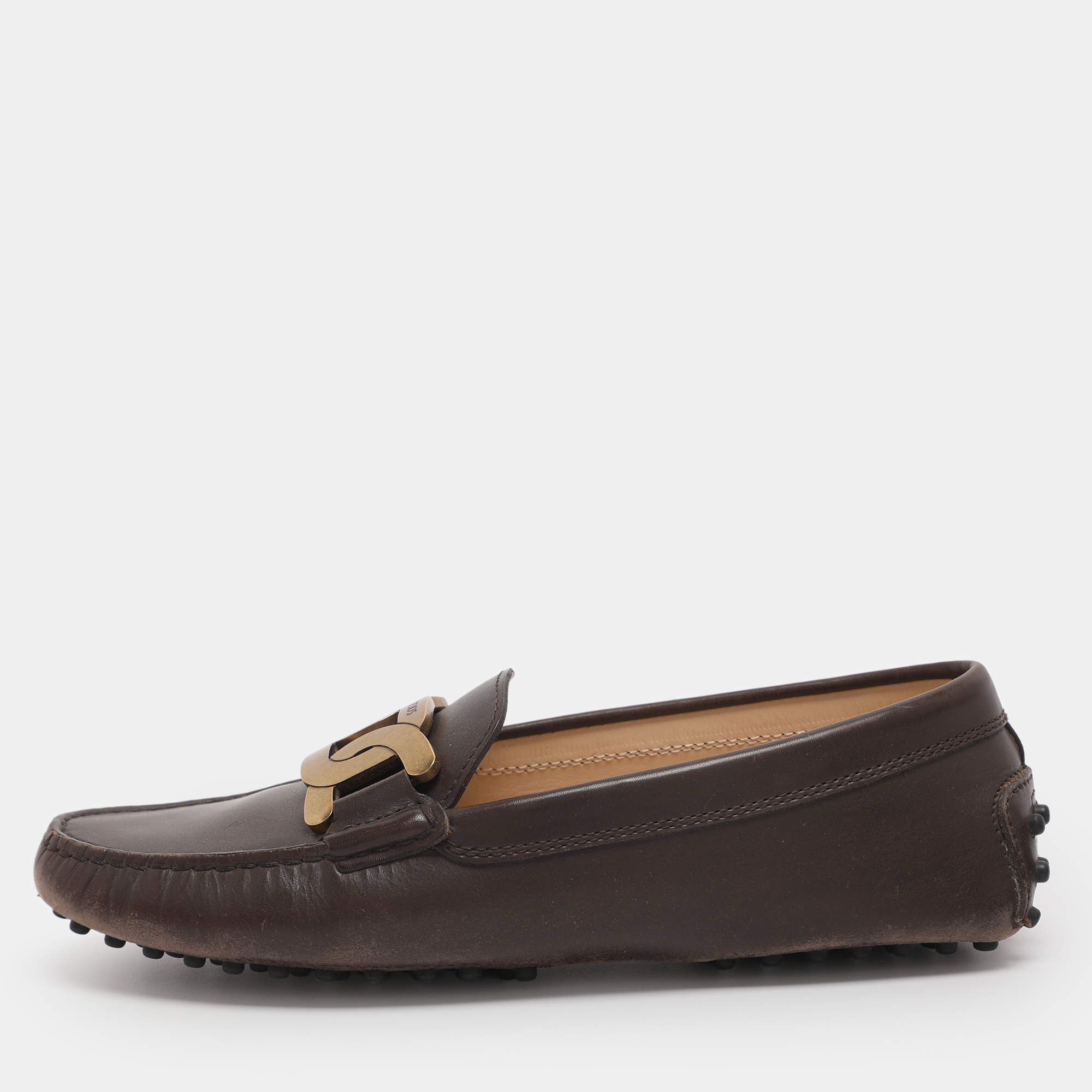 Pre Owned Tod's Brown Leather Kate Chain Slip On Loafers Size 37
