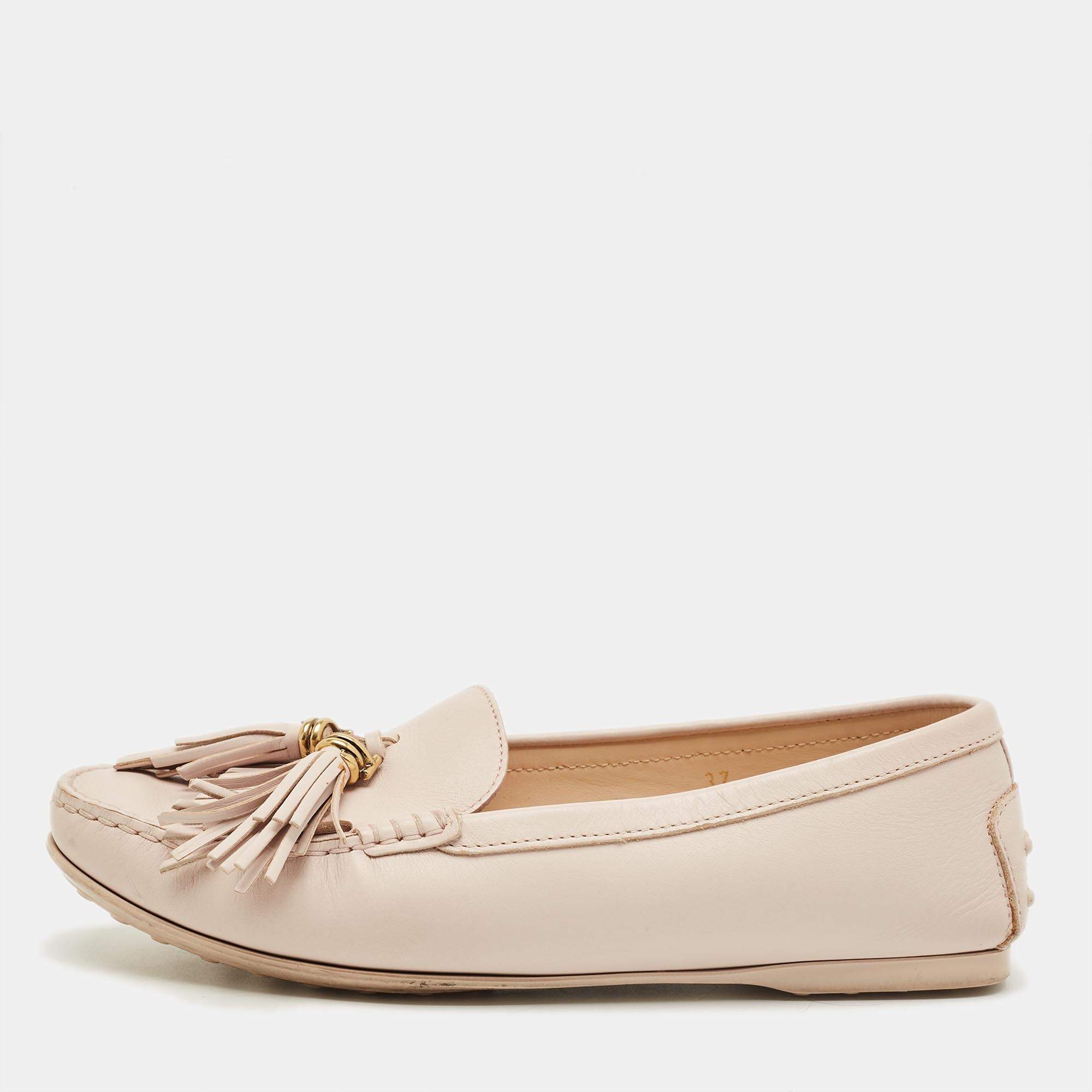 Pre Owned Tod's Beige Leather Fringe Penny Loafers Size 37