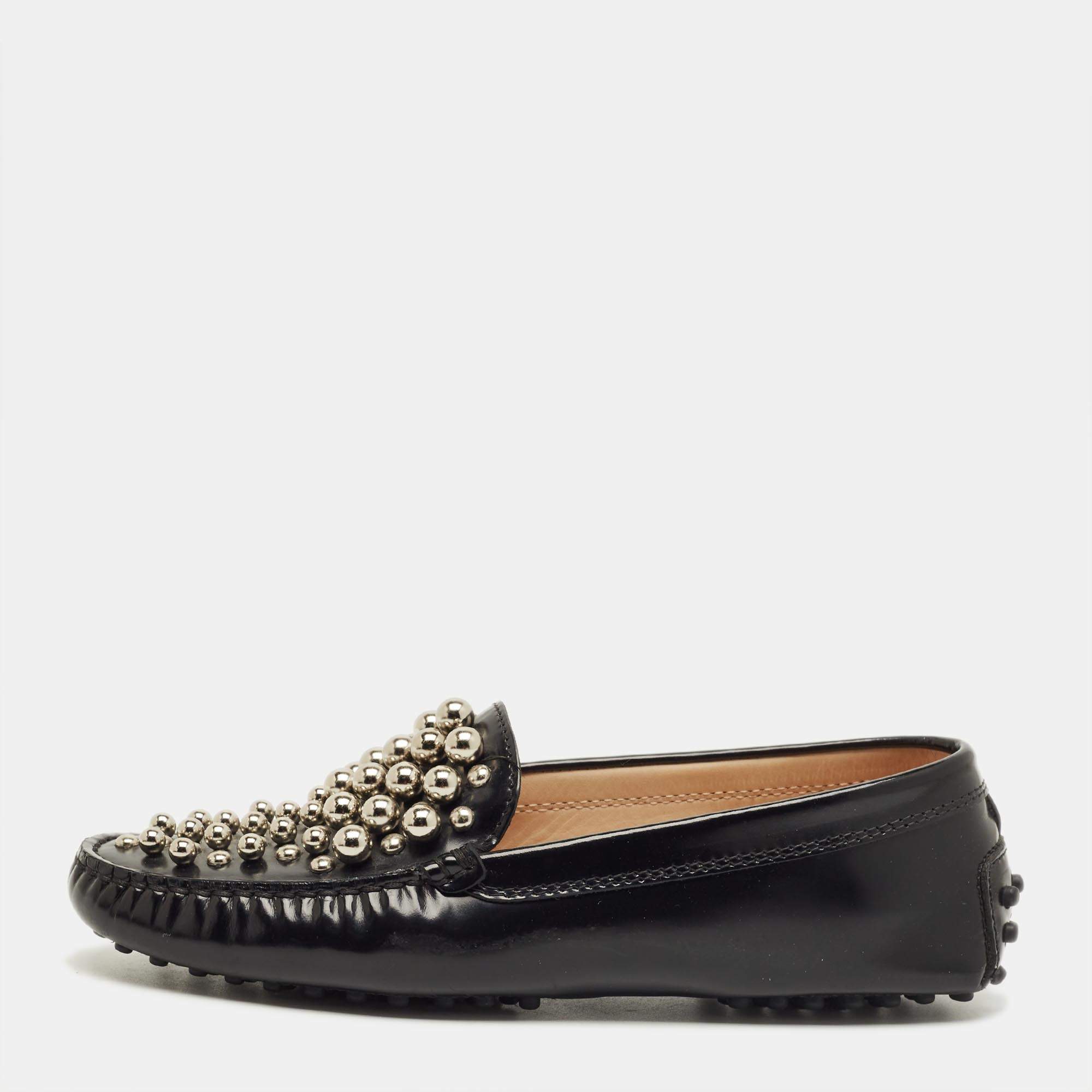 Pre Owned Tod's Black Leather Embellish Loafers Size 36