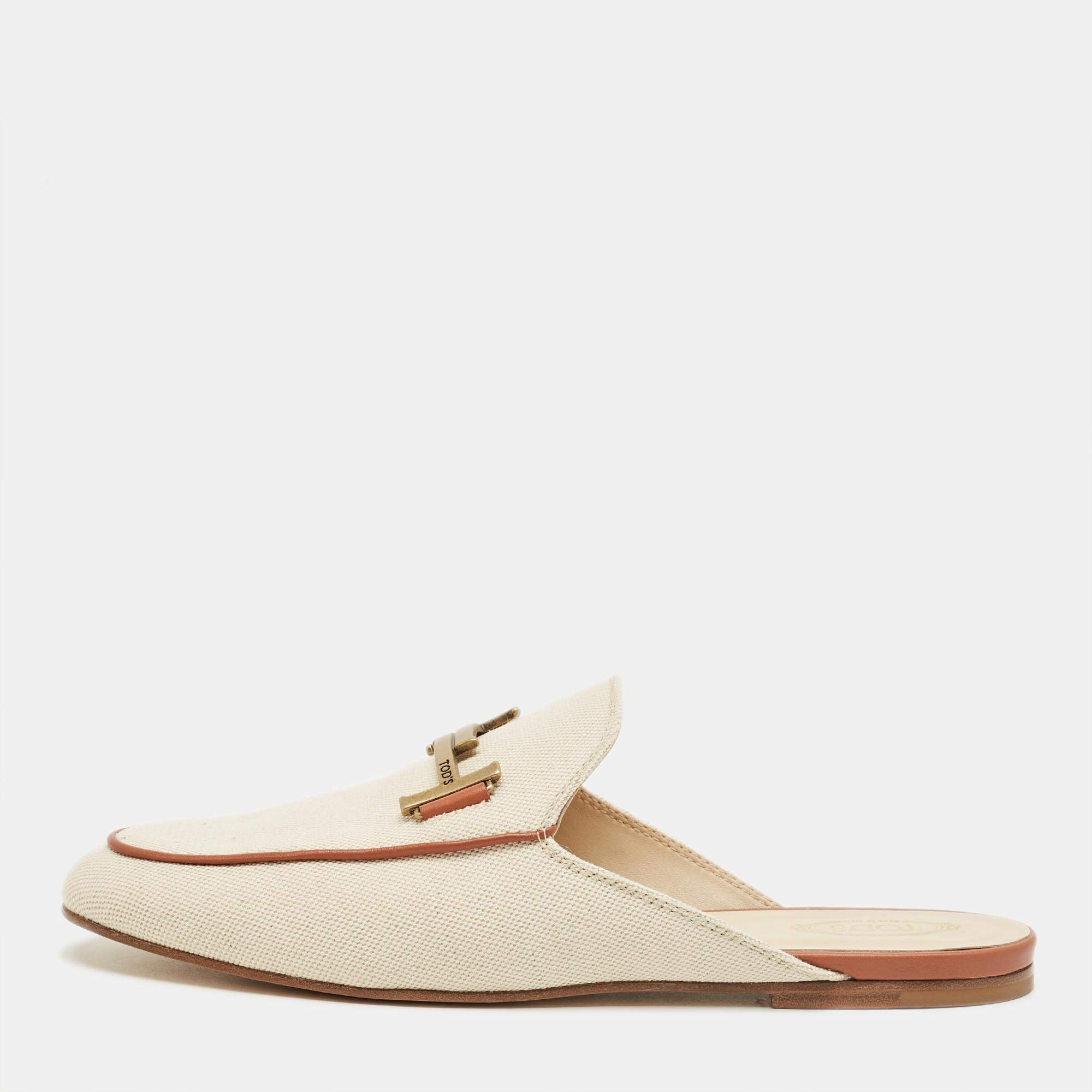 Pre Owned Tod's Beige/Brown Canvas and Leather Double T Flat Mules Size 42