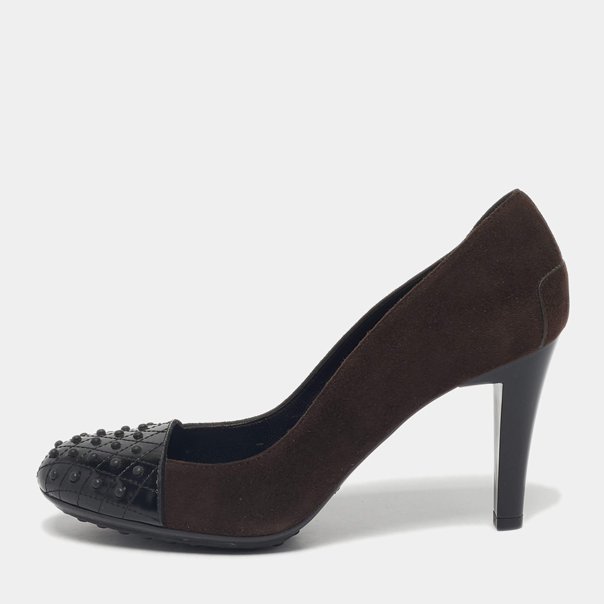 Pre Owned Tod's Brown/Black Suede and Leather Round Toe Pumps Size 38.5