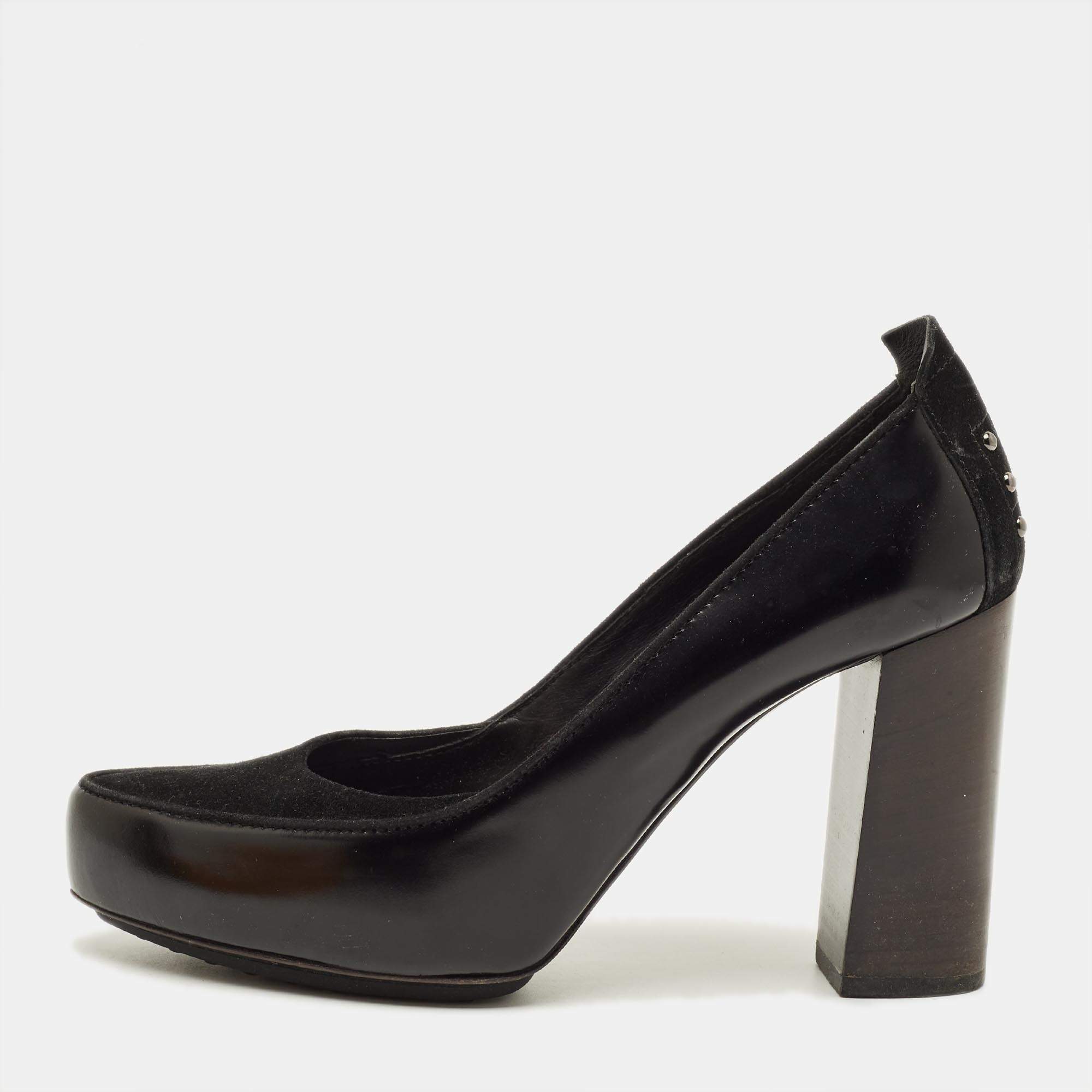 مملوكة مسبقًا Tod's Size 39.5 Black Leather and Suede Block Heel Pumps