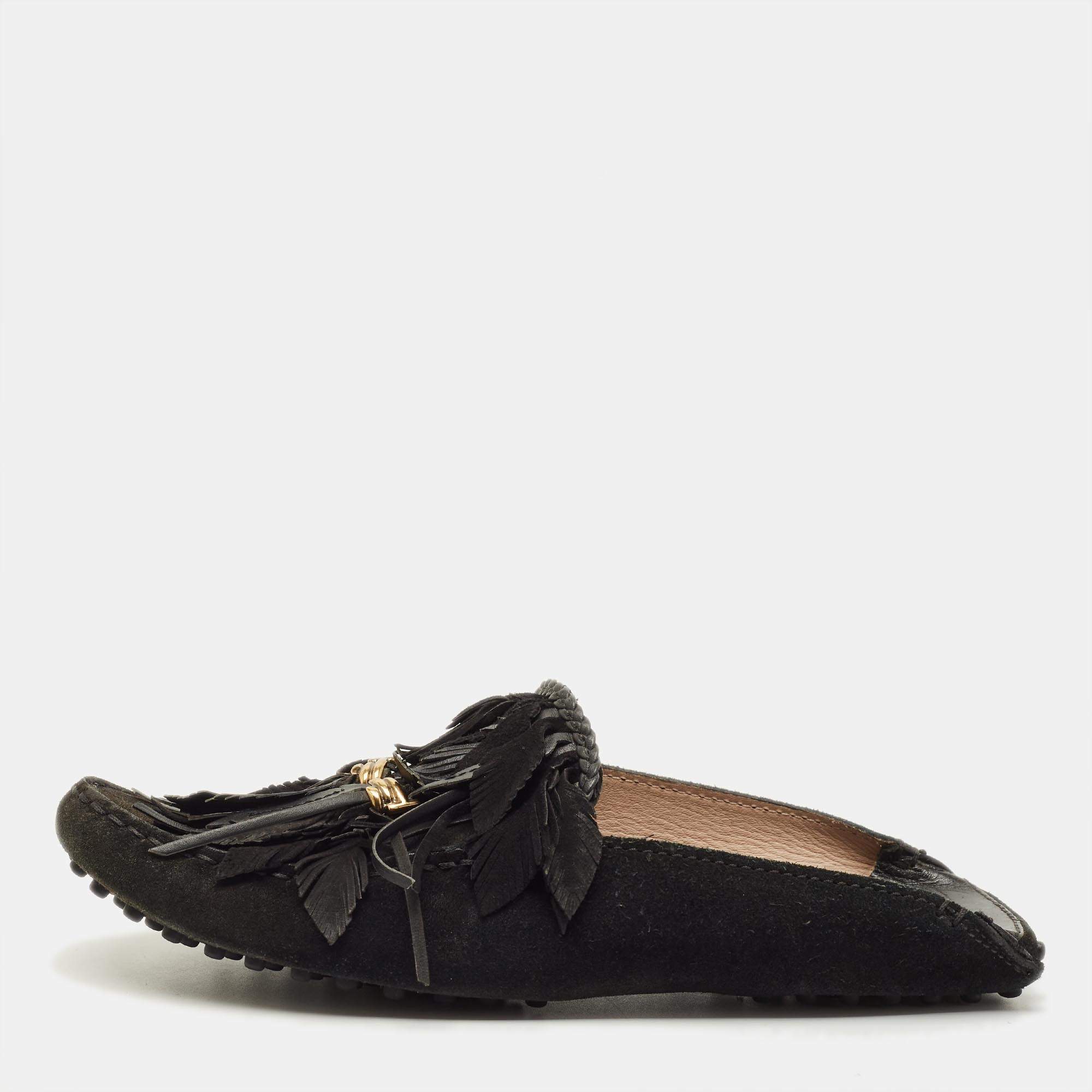 Pre Owned Tod's Size 38 Black Suede Tassel Fringe Mules