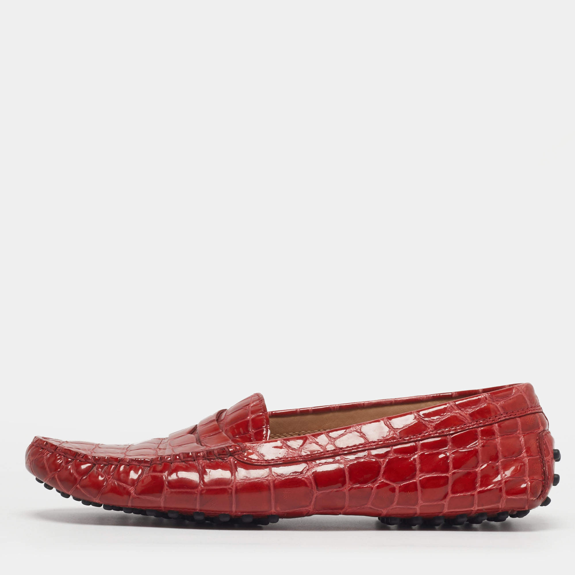 Pre Owned Tod's Size 39.5 Red Croc Embossed Patent Leather Penny Loafers