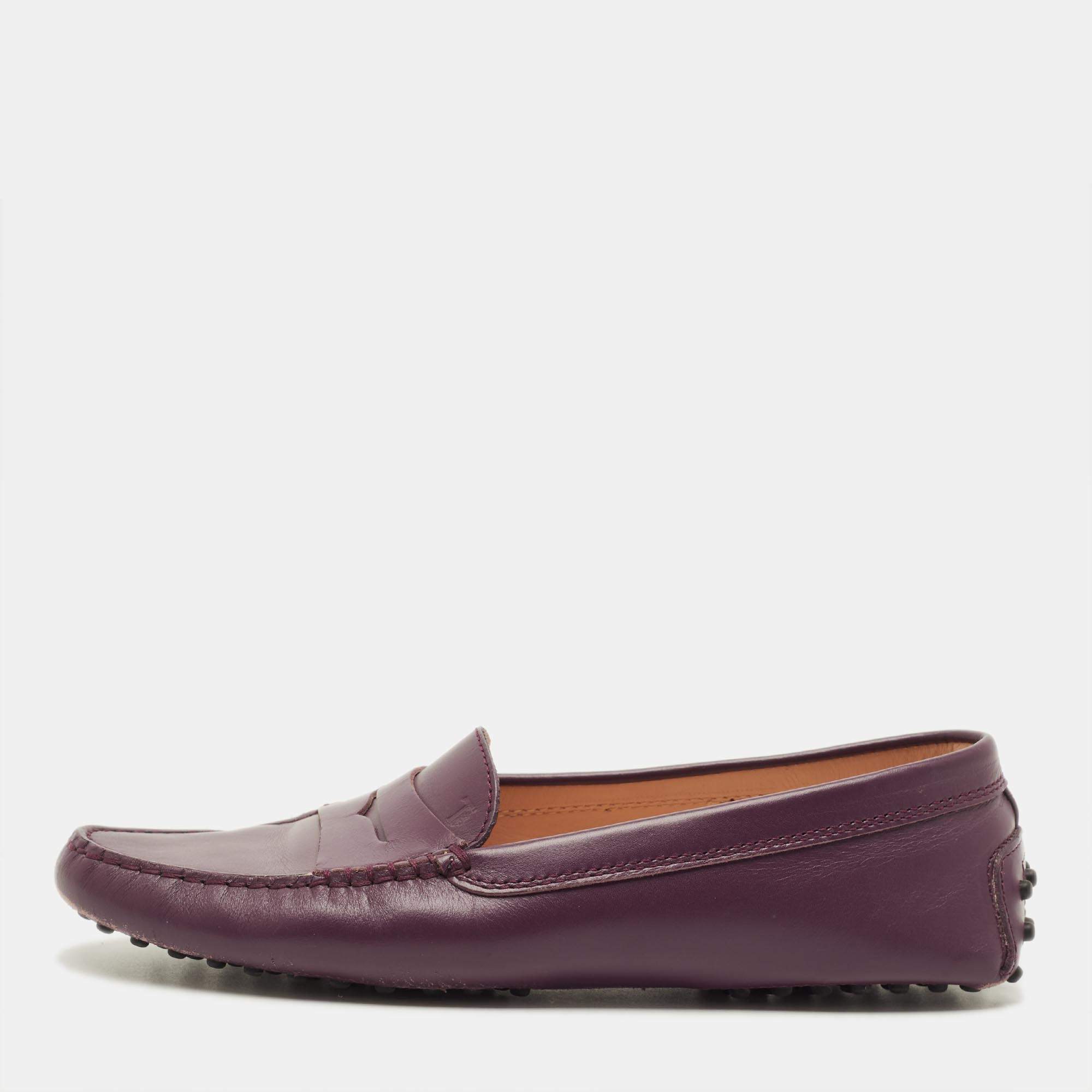 Pre Owned Tod's Size 38.5 Purple Leather Penny Slip On Loafers