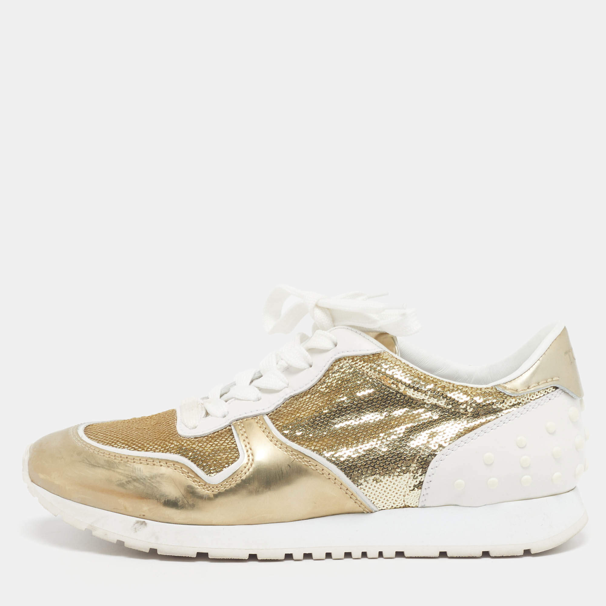 Pre Owned حذاء رياضي تودز جلد وترتر أبيض لامع/ذهبي بعنق منخفض مقاس 39