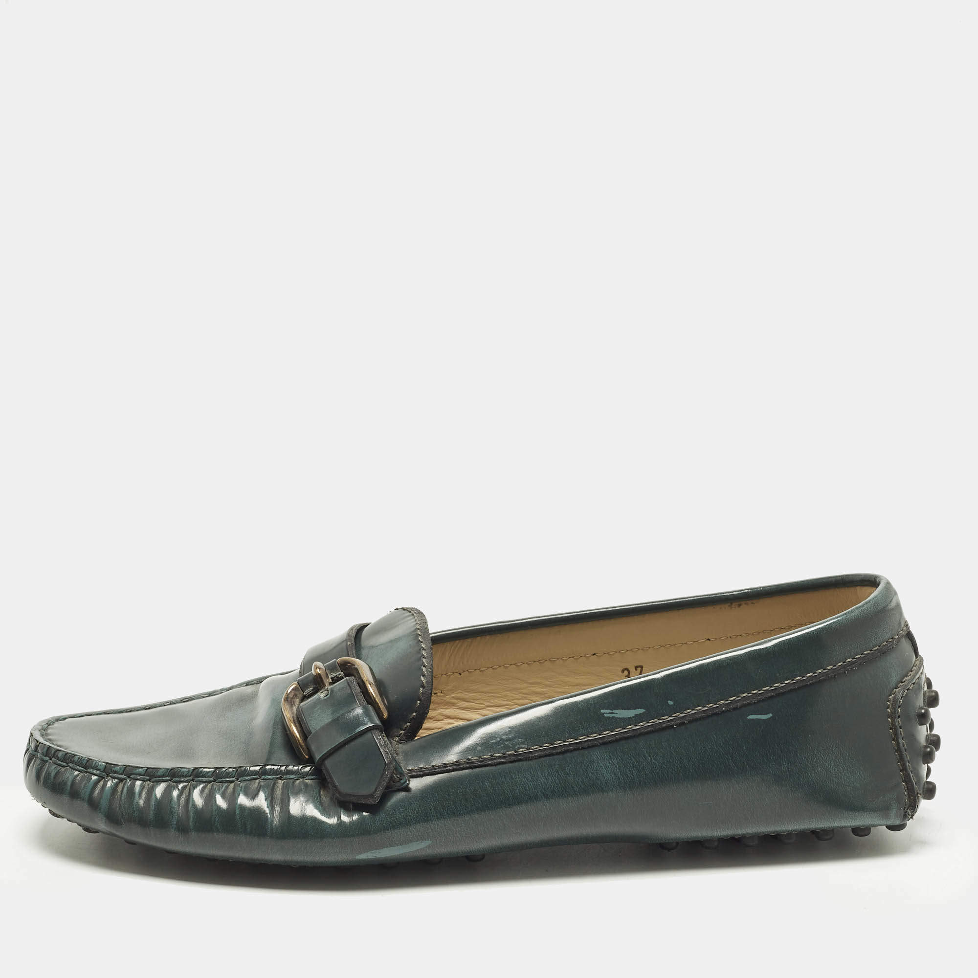 Pre Owned Tod's Size 37 Green Patent Leather Driver Buckle Detail Loafers