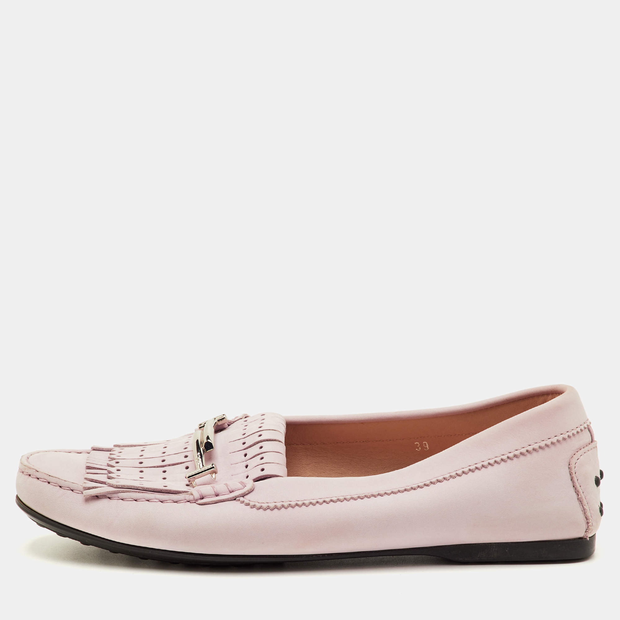 مملوكة مسبقًا Tod's Size 39 Pink Nubuck Leather Laser Cut Fringe Slip On Loafers