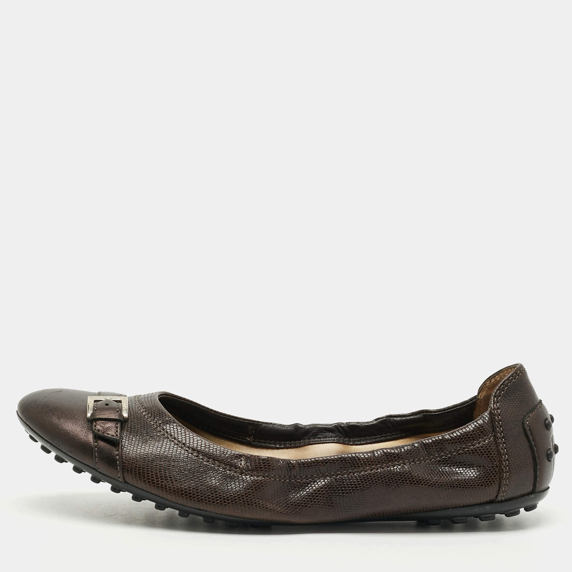 مملوكة  مسبقًا حذاء باليه فلات تودز شرشيب سويدي بني وأسود جلد وبرنيق مقاس 37