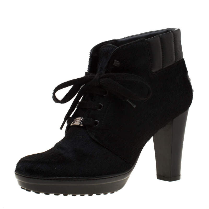 Pre Owned Tod's Black Calf Hair And Leather Trim Lace Up Ankle Boots Size 37.5